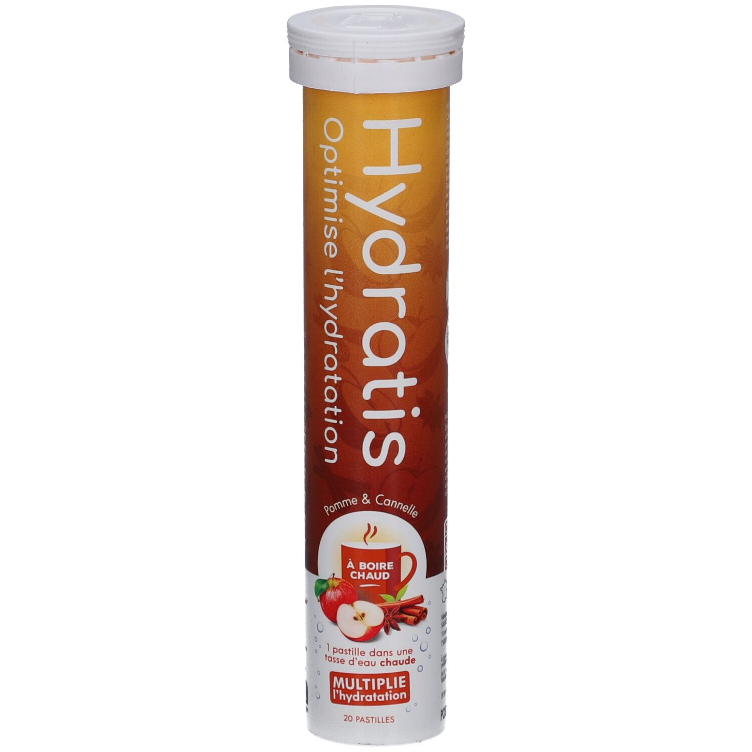Tube cylindrique de pastilles. Inscription: Hydratis, Pomme & Cannelle. Optimise l'hydratation. Pour eau chaude.