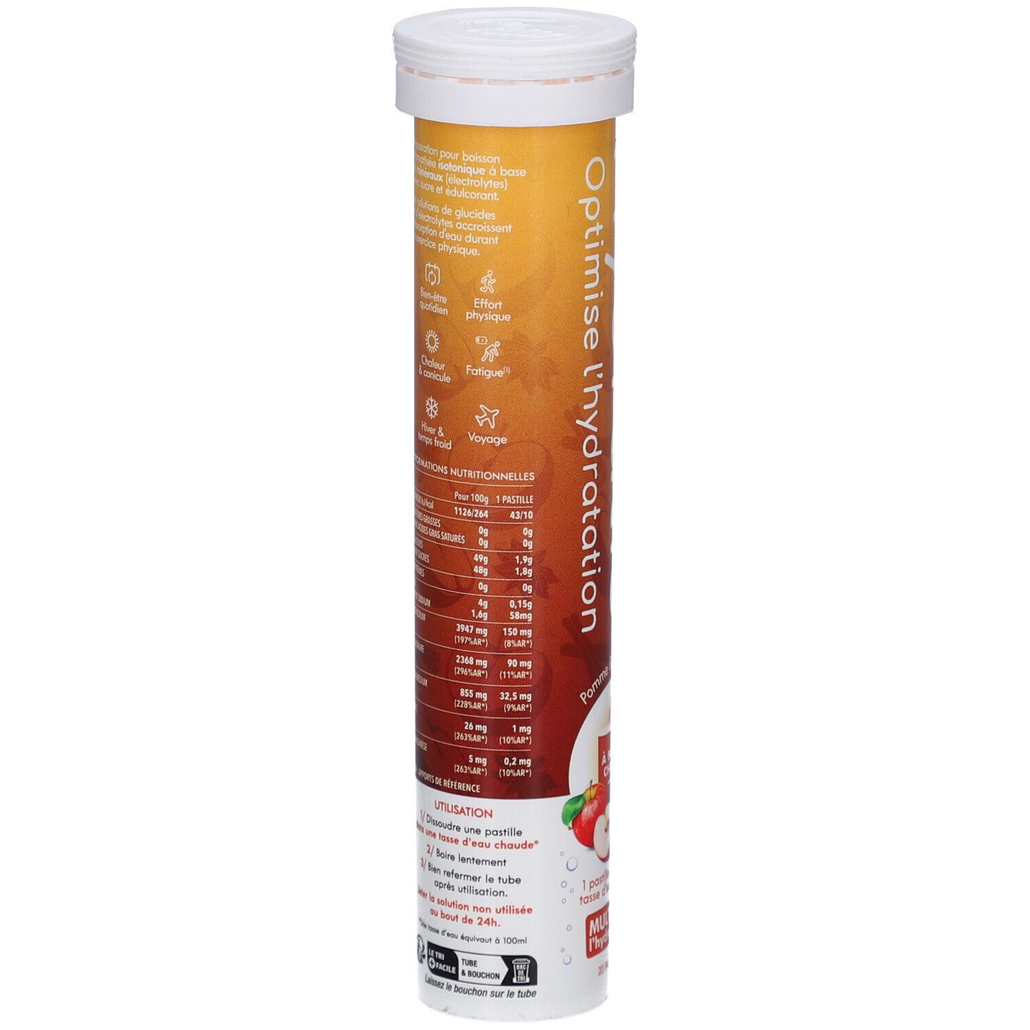 Tube cylindrique avec informations nutritionnelles. Inscription: Hydratis. Contient ingrédients et mode d'emploi.