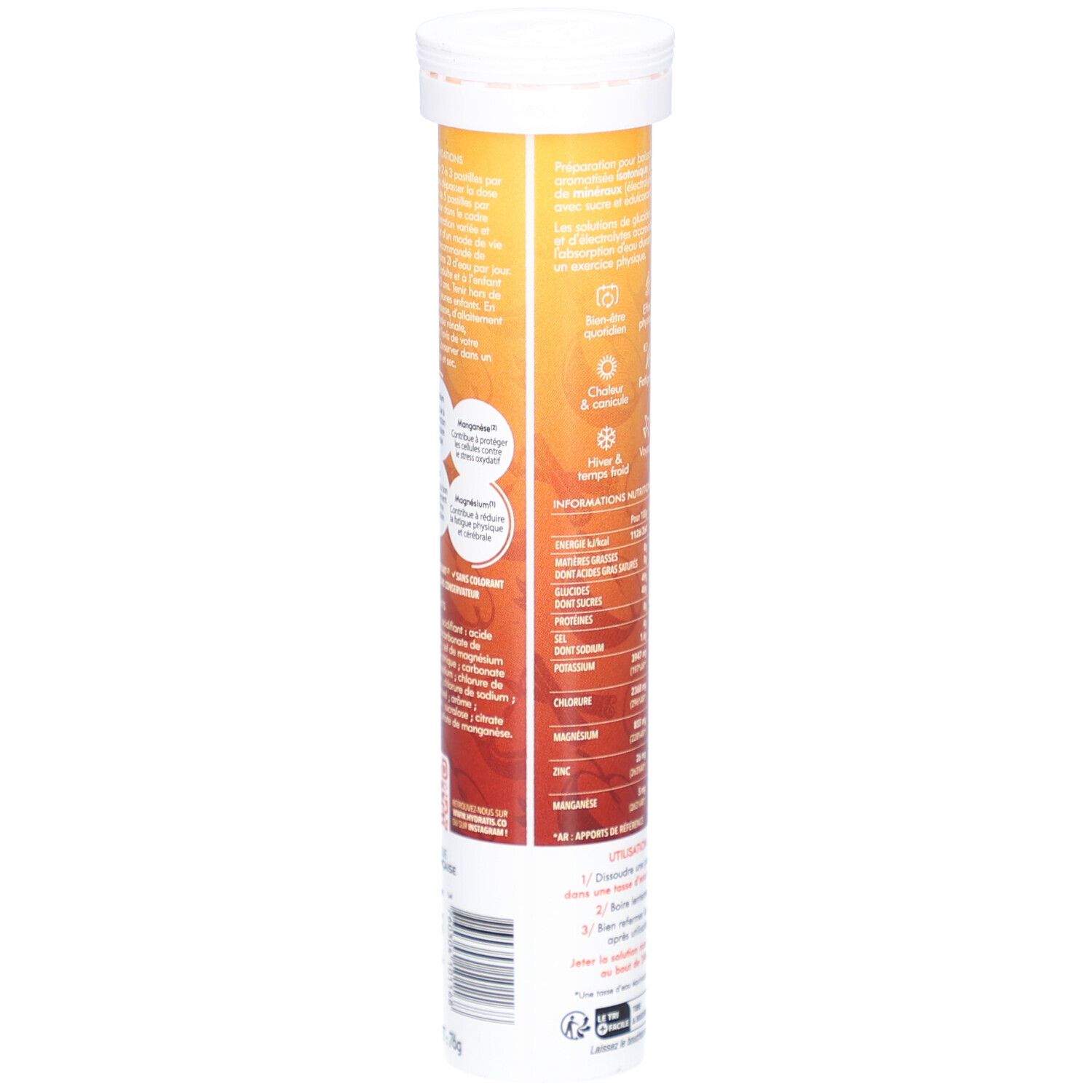 Tube cylindrique avec texte. Inscription: Hydratis. Contient informations sur ingrédients et mode d'emploi.