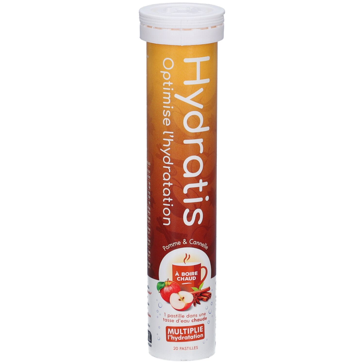 Tube cylindrique de pastilles. Inscription: Hydratis, Pomme & Cannelle. Optimise l'hydratation. Pour eau chaude.