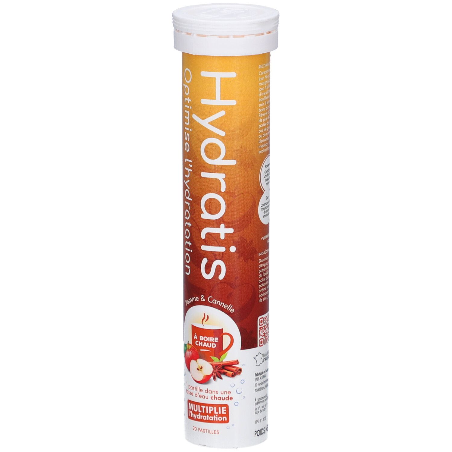 Tube cylindrique de pastilles. Inscription: Hydratis, Pomme & Cannelle. Optimise l'hydratation. Pour eau chaude.
