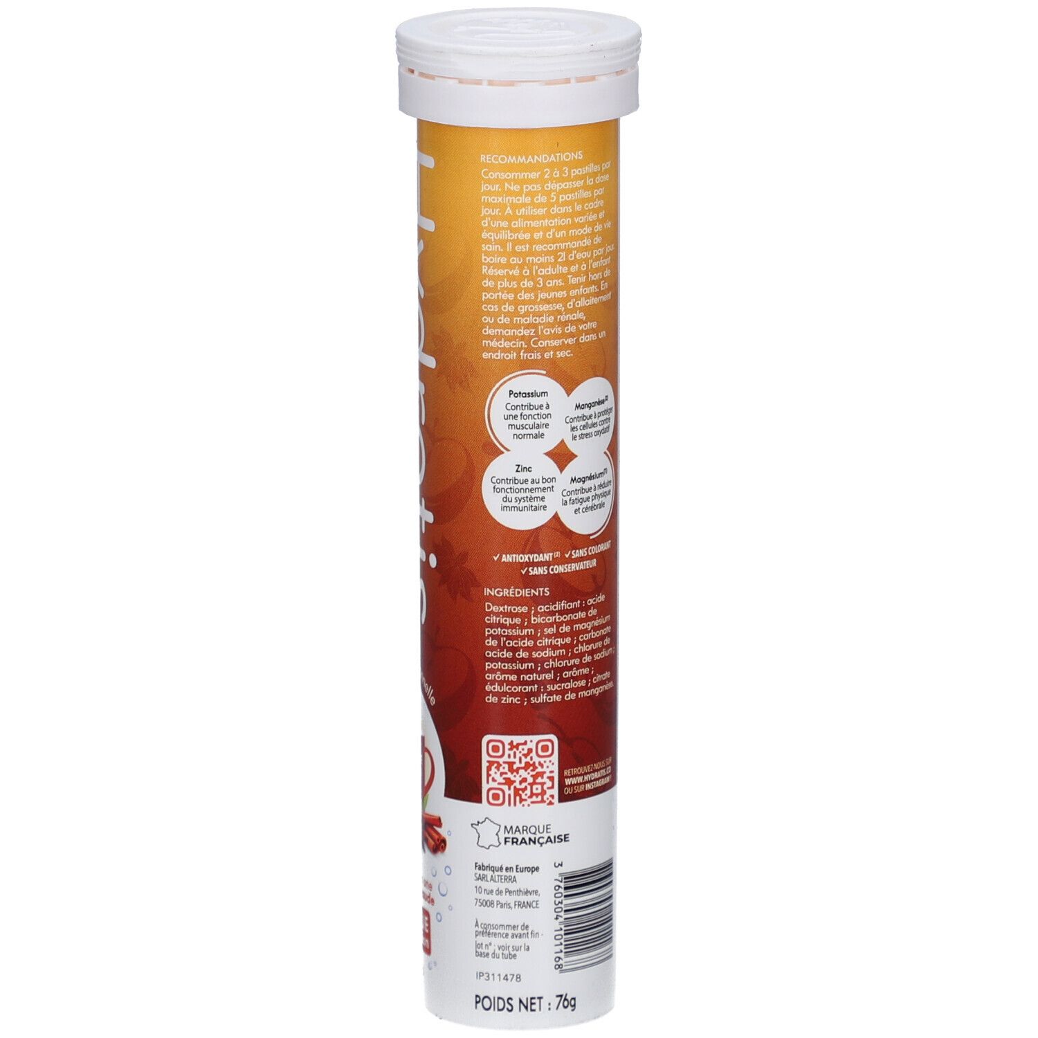 Tube cylindrique avec texte et QR code. Inscription: Hydratis. Contient informations ingrédients et origine.