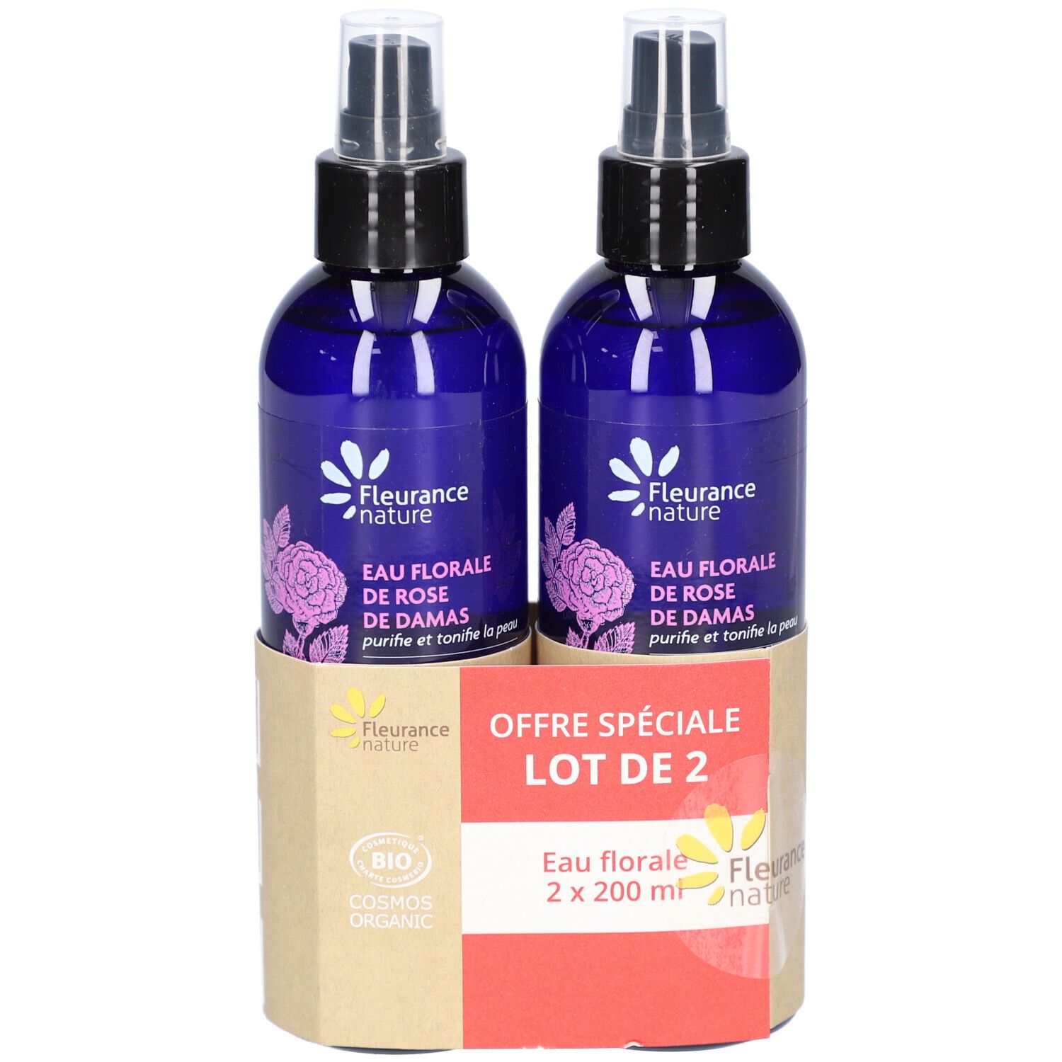 Deux flacons pulvérisateurs bleus avec bouchons noirs dans un emballage en carton. Inscription : Eau Florale de Rose de Damas, certification bio.