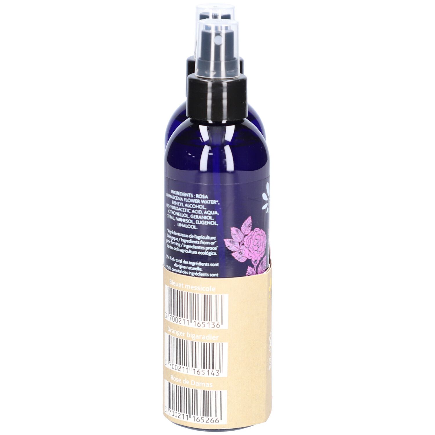 Dos de deux flacons pulvérisateurs bleus. Inscriptions : ingrédients, codes-barres. Emballage carton avec codes-barres.