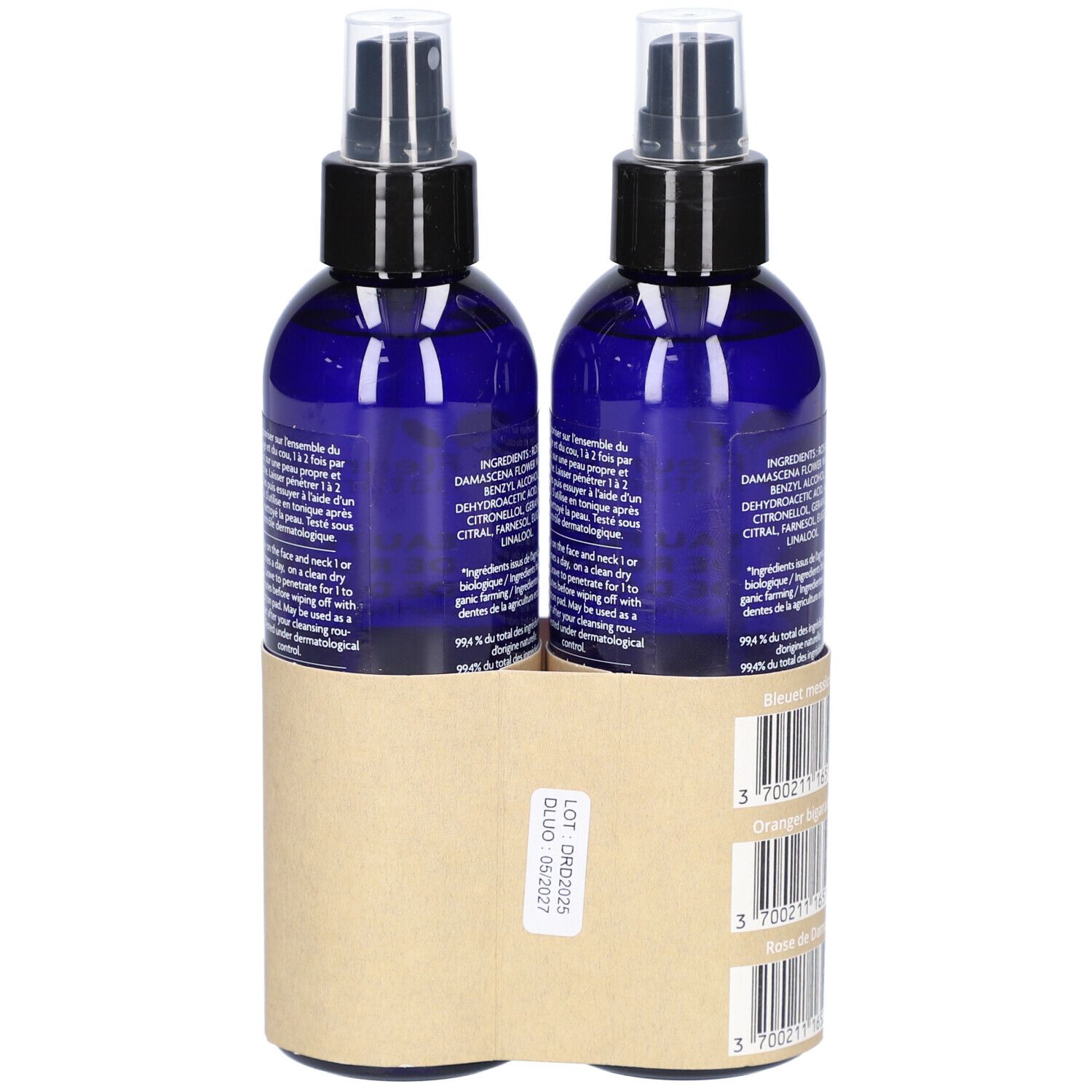 Dos de deux flacons pulvérisateurs bleus. Inscriptions : ingrédients, instructions d'utilisation. Emballage carton avec codes-barres.