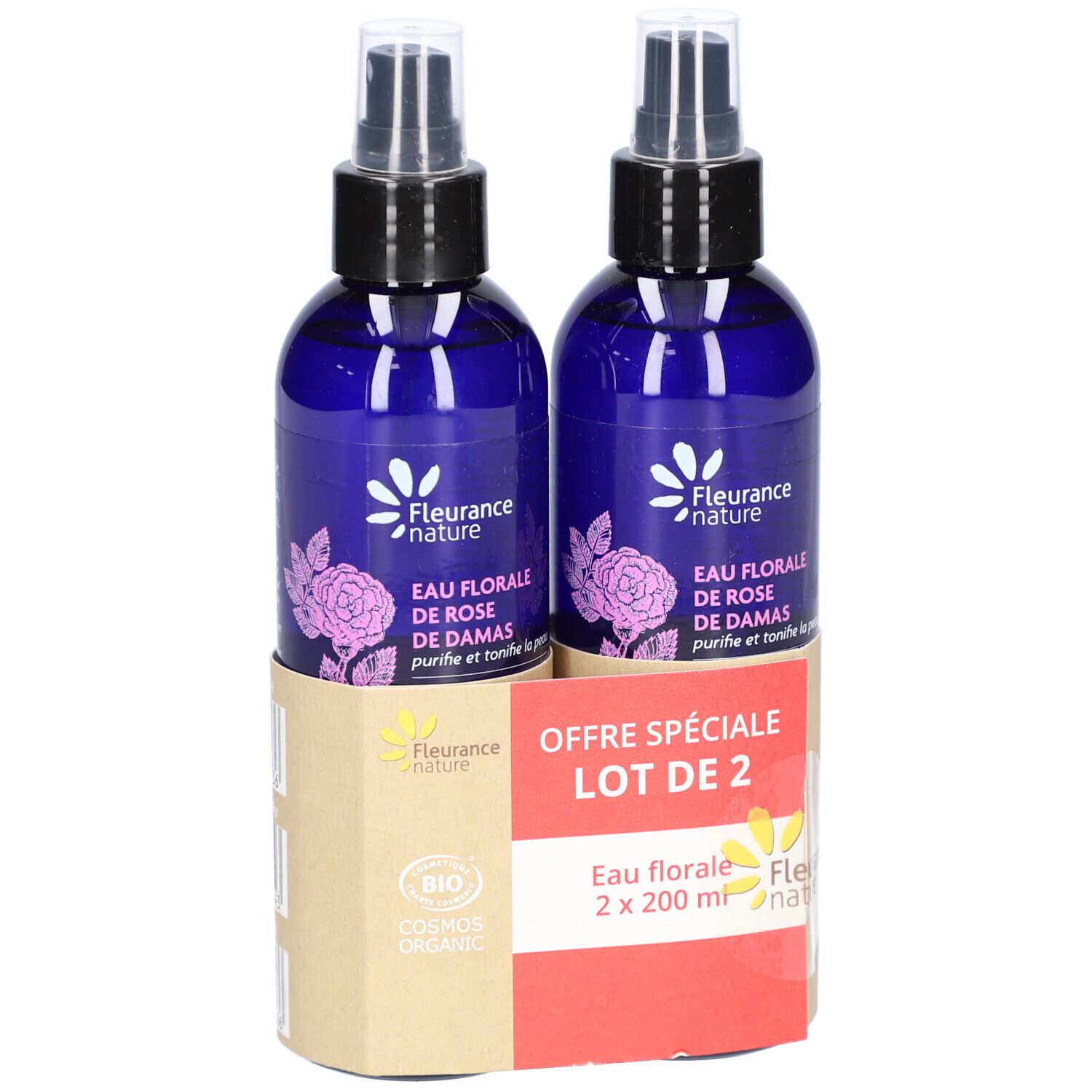 Deux flacons pulvérisateurs bleus avec bouchons noirs dans un emballage en carton. Inscription : Eau Florale de Rose de Damas, certification bio.