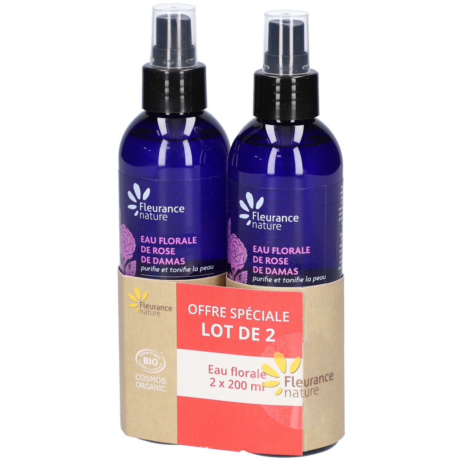 Deux flacons pulvérisateurs bleus avec bouchons noirs dans un emballage en carton. Inscription : Eau Florale de Rose de Damas, certification bio.