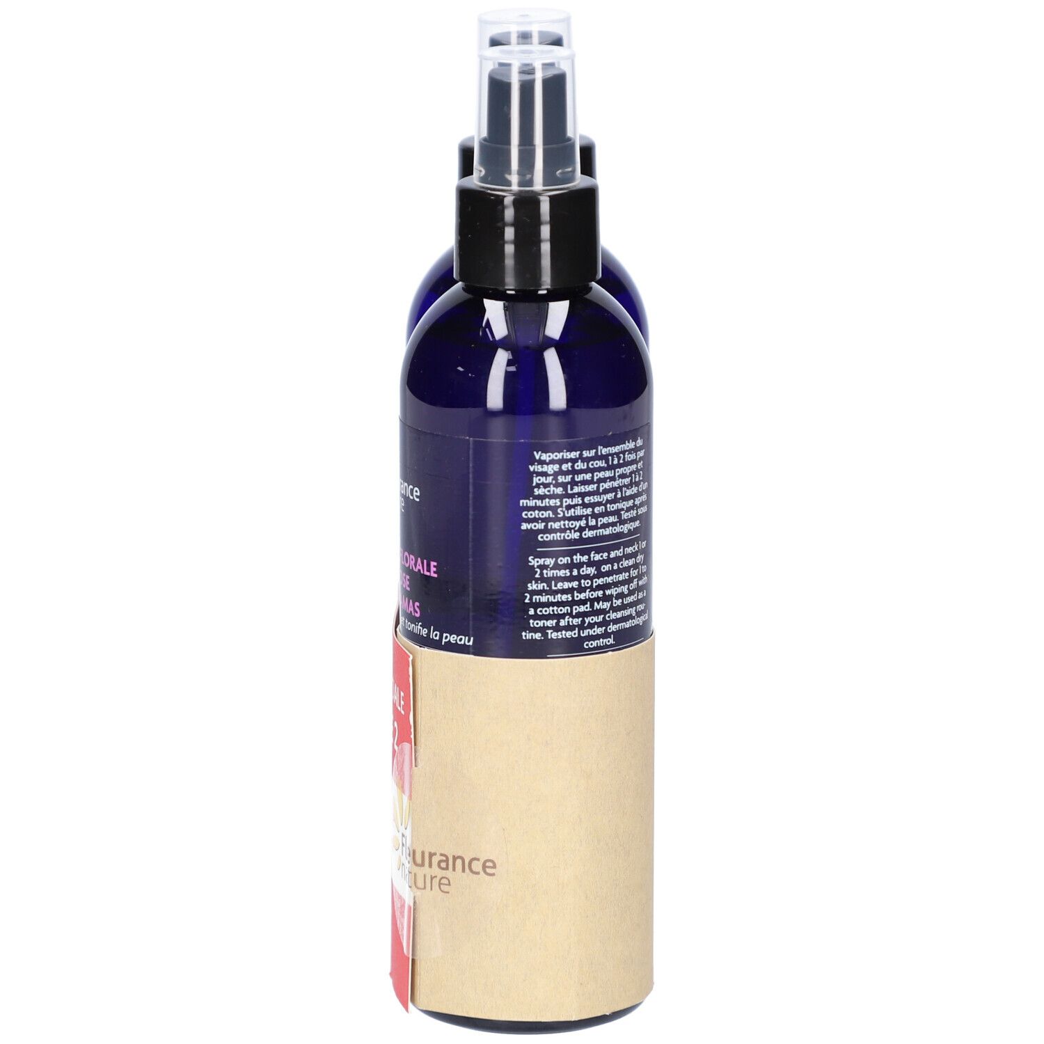 Dos de deux flacons pulvérisateurs bleus. Inscriptions : instructions d'utilisation. Emballage carton avec informations produit.