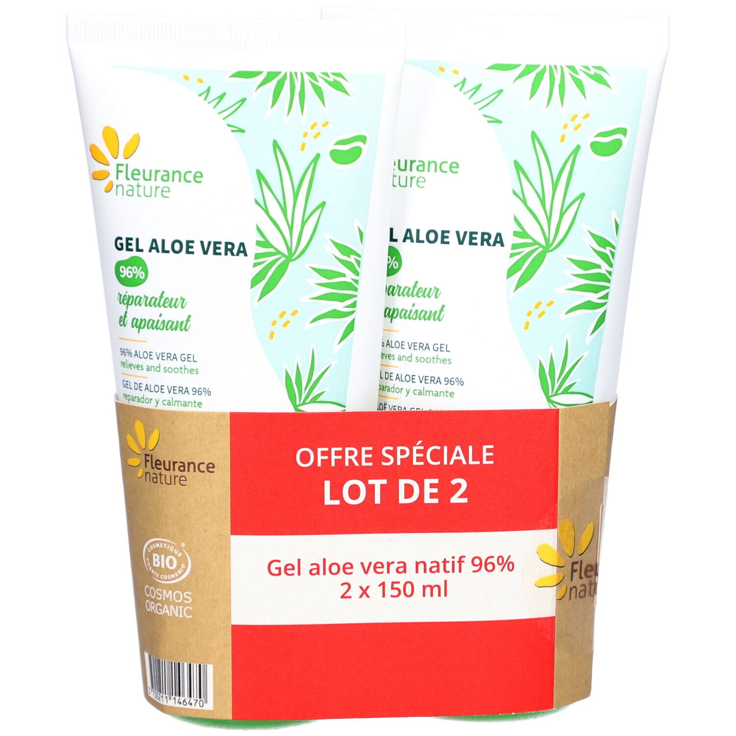 Deux tubes de gel Aloe Vera 96% dans un emballage en carton. Inscriptions : marque, nom du produit, certification, texte.