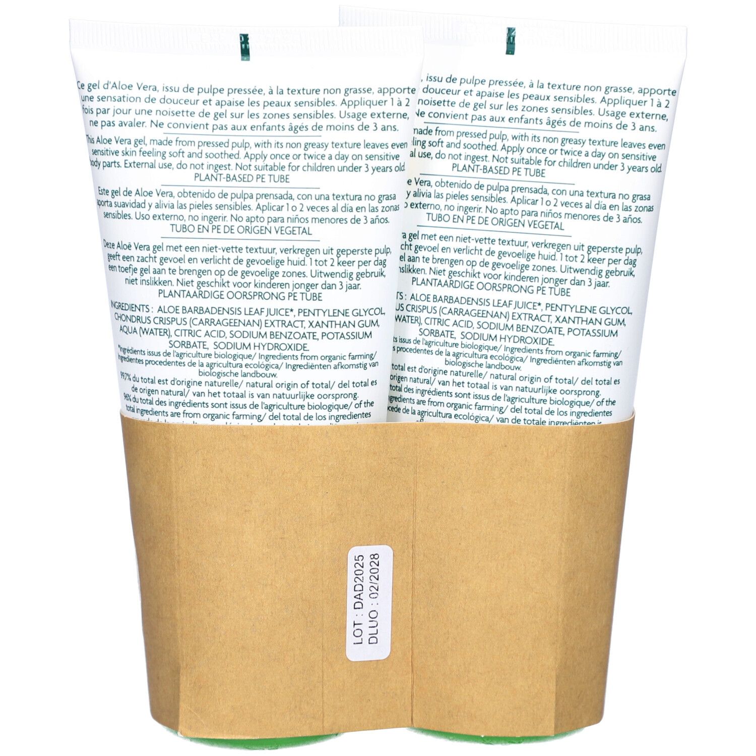 Dos de deux tubes de gel Aloe Vera 96% dans un emballage en carton. Texte multilingue, numéro de lot.