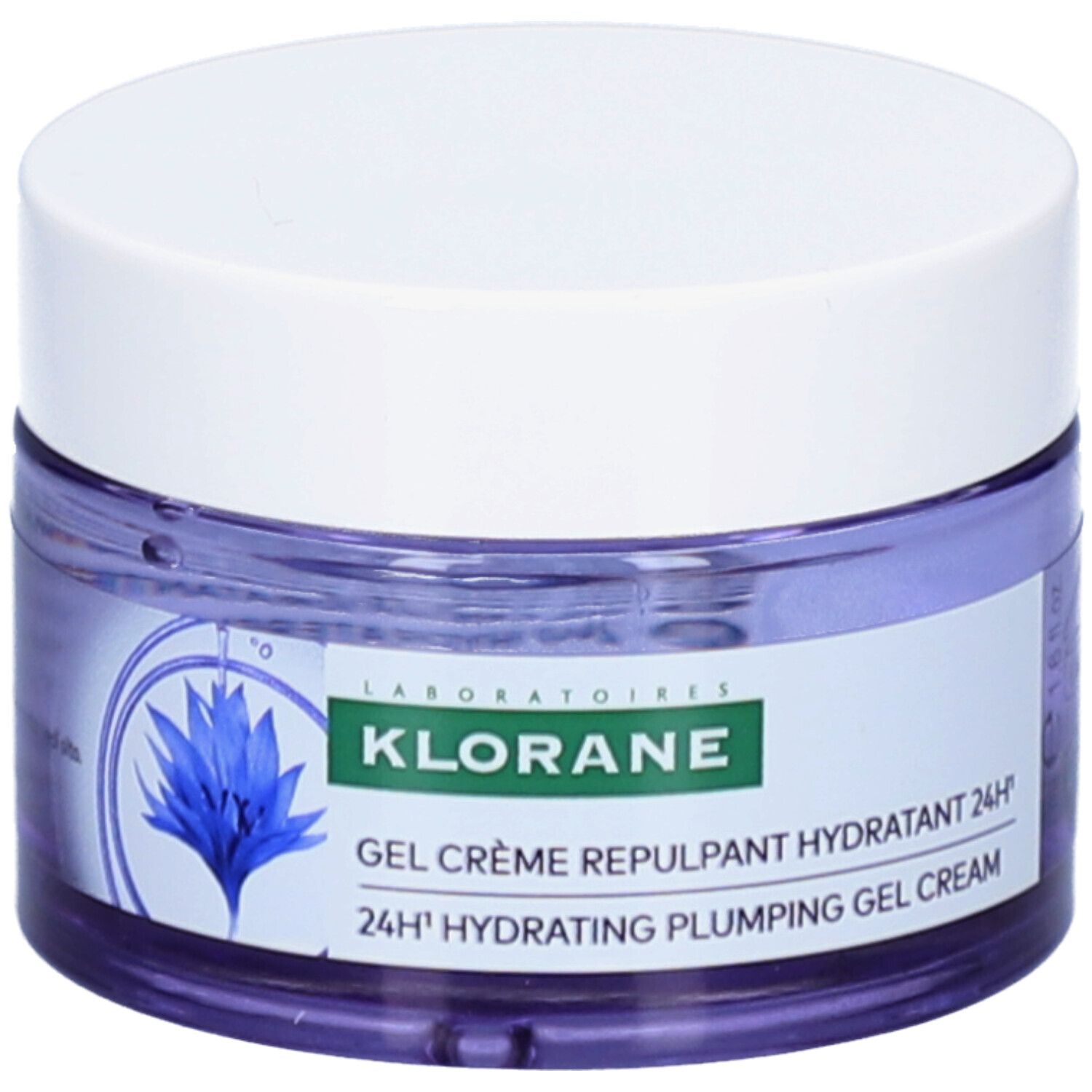 Pot de crème avec couvercle blanc. Inscription: KLORANE, Gel Crème Repulpant Hydratant 24H. Illustration de fleur bleue.
