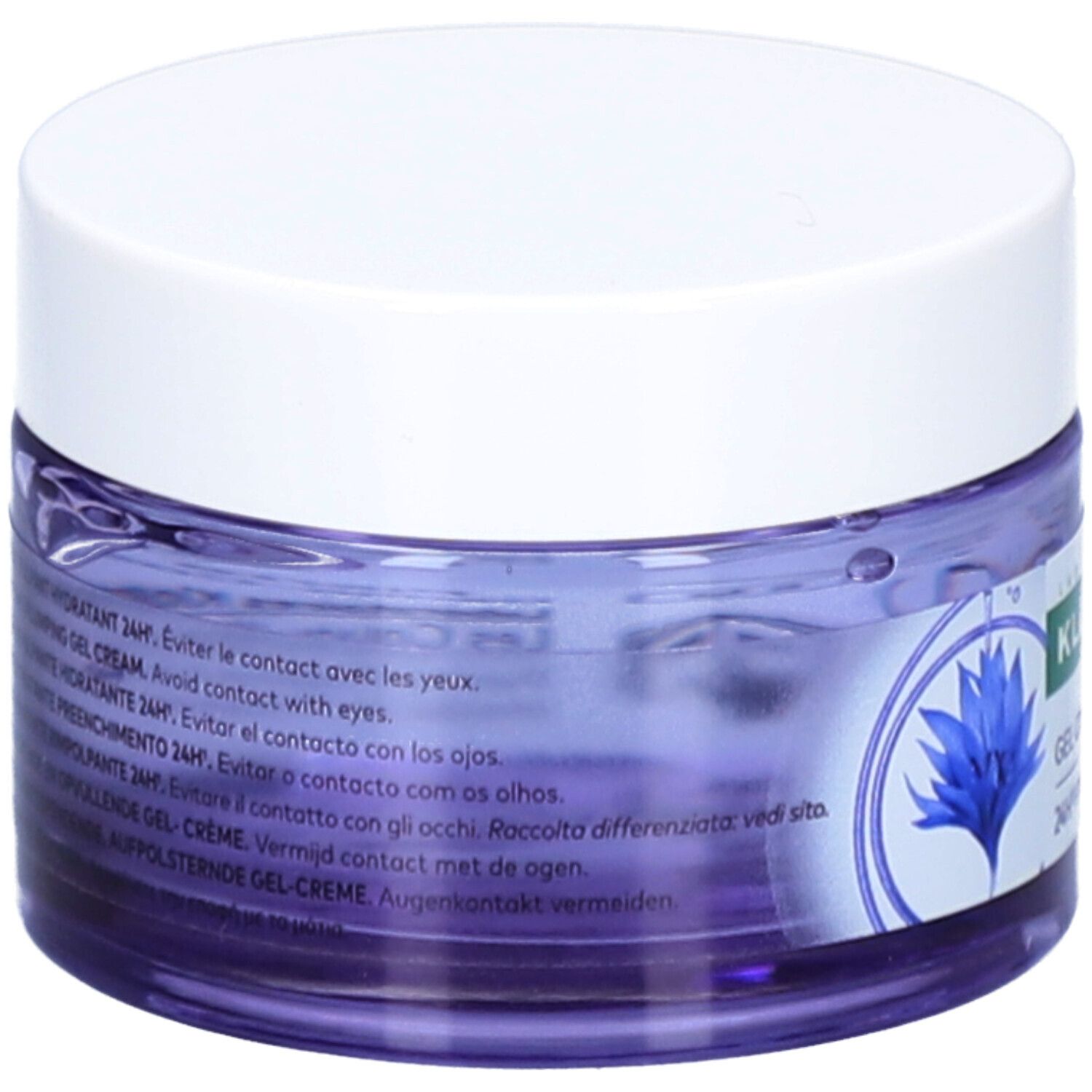 Pot de crème, couvercle blanc. Inscription: KLORANE, Gel Crème Repulpant Hydratant 24H. Dos avec texte.