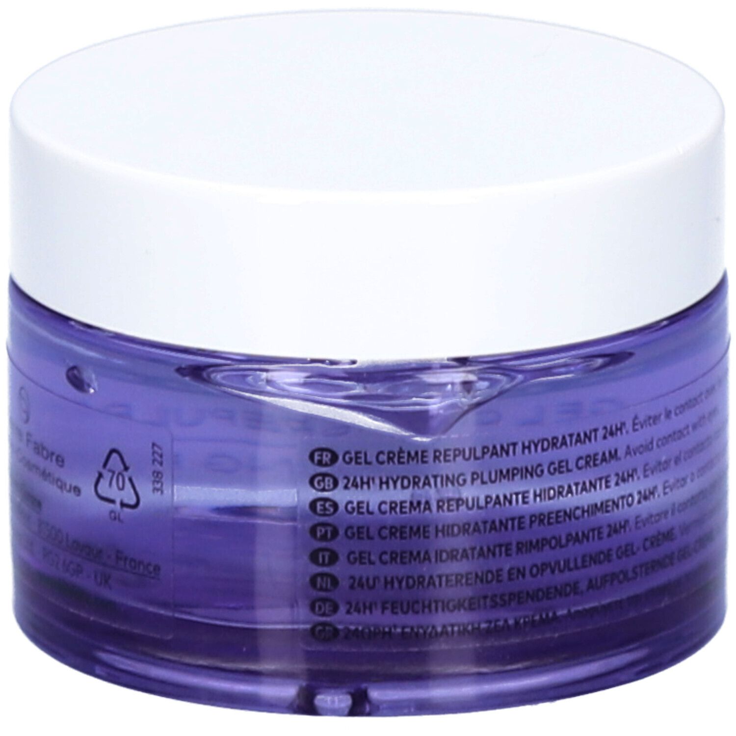 Pot de crème avec couvercle blanc. Inscription: KLORANE, Gel Crème Repulpant Hydratant 24H. Dos avec texte.