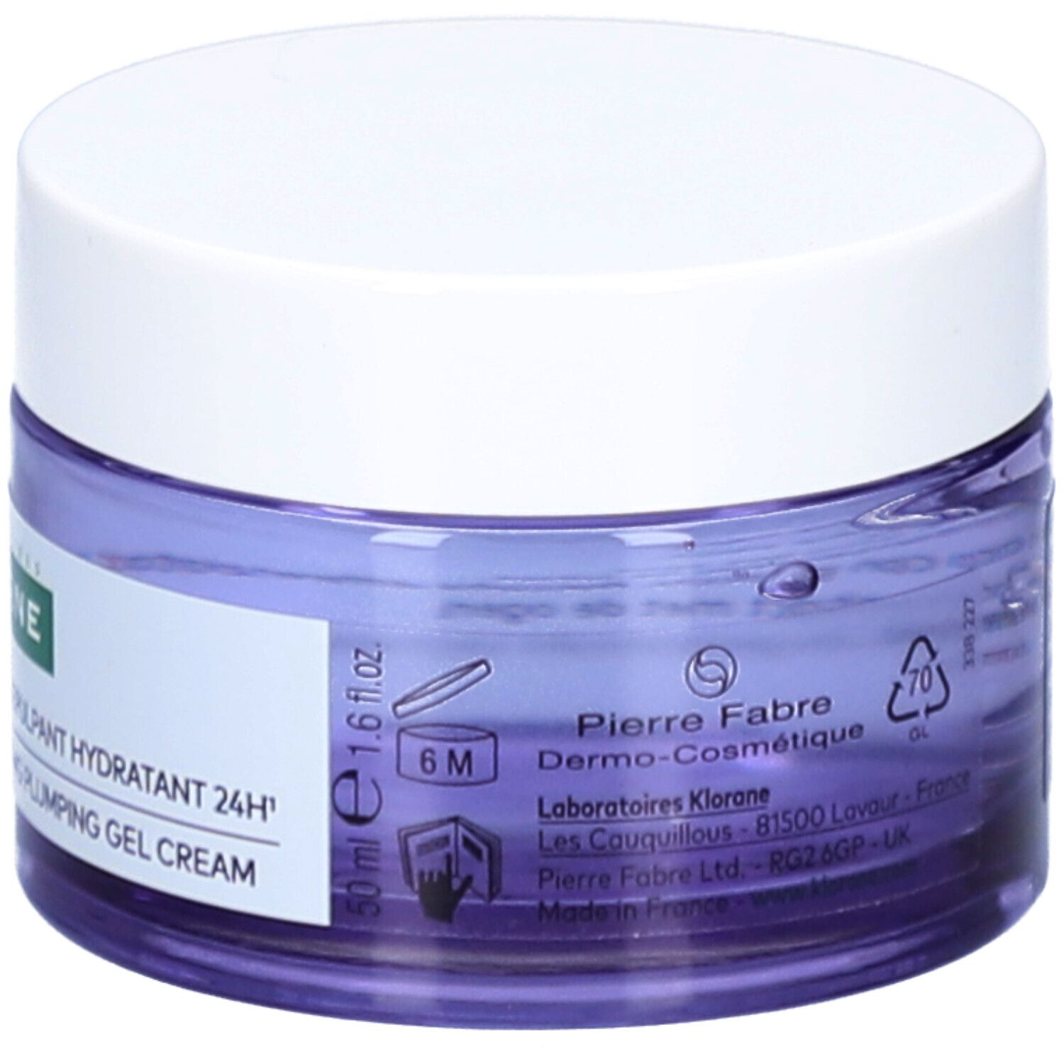 Pot de crème avec couvercle blanc. Inscription: KLORANE, Gel Crème Repulpant Hydratant 24H. 50 ml, 6M.