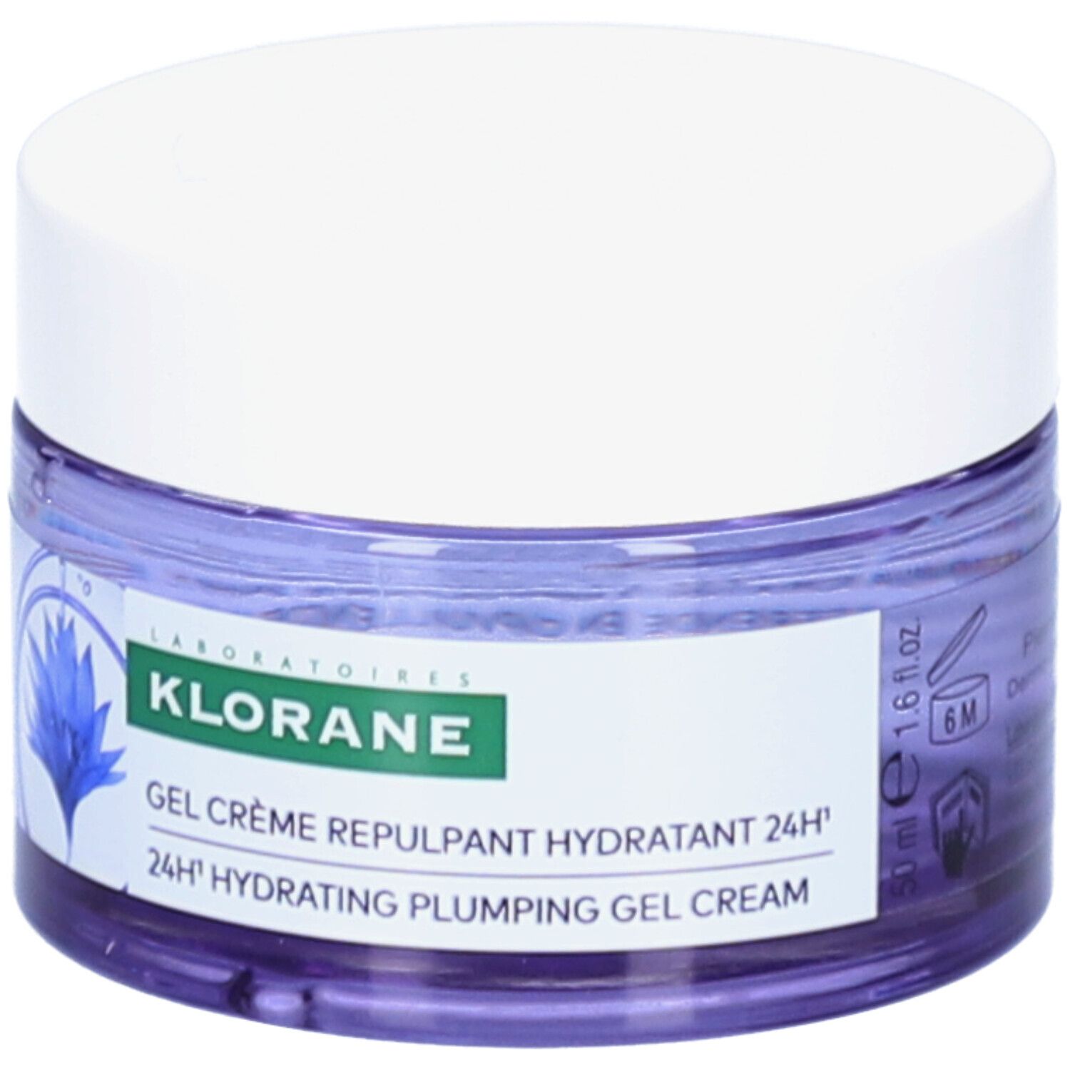 Pot de crème avec couvercle blanc. Inscription: KLORANE, Gel Crème Repulpant Hydratant 24H. Illustration de fleur bleue.