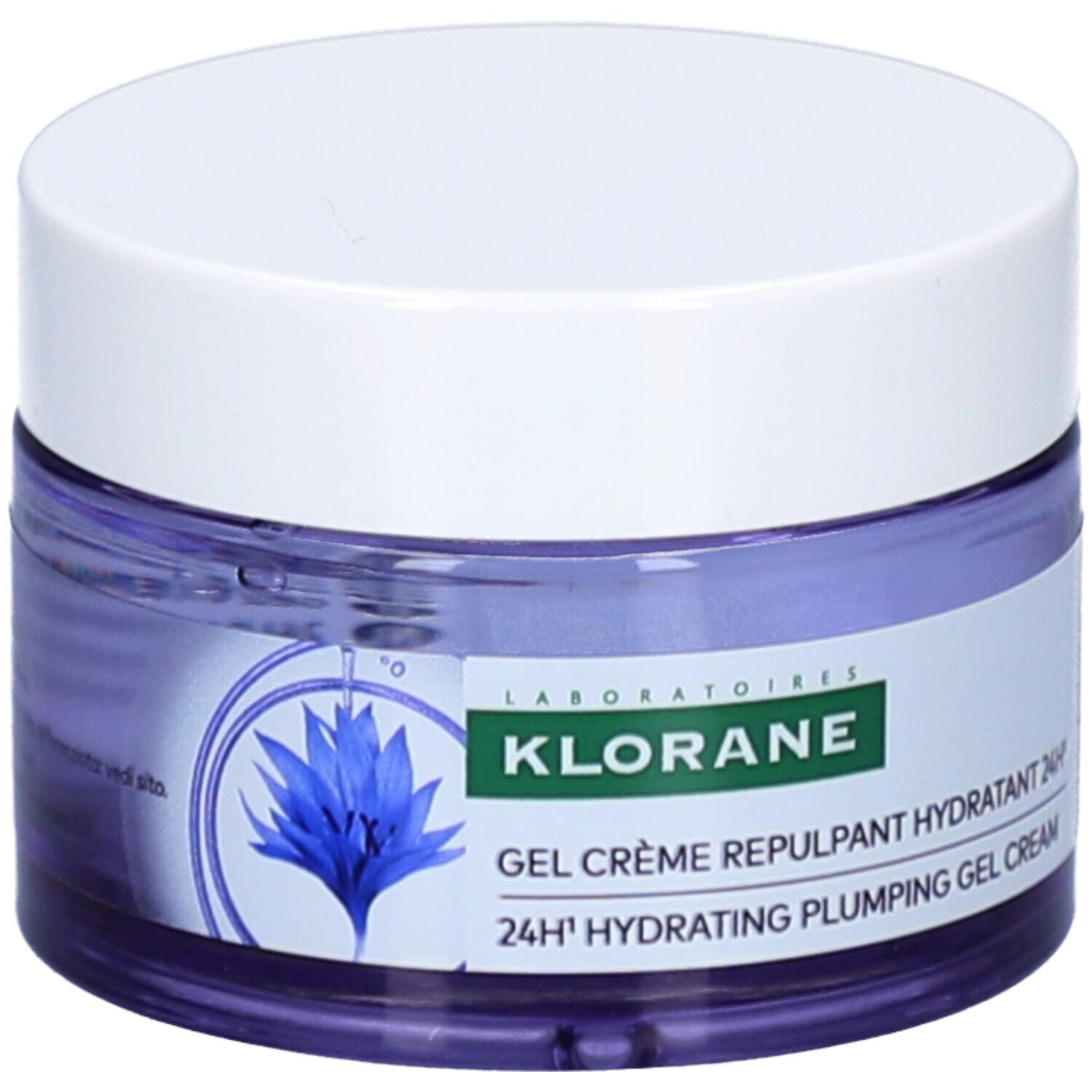 Pot de crème avec couvercle blanc. Inscription: KLORANE, Gel Crème Repulpant Hydratant 24H. Illustration de fleur bleue.