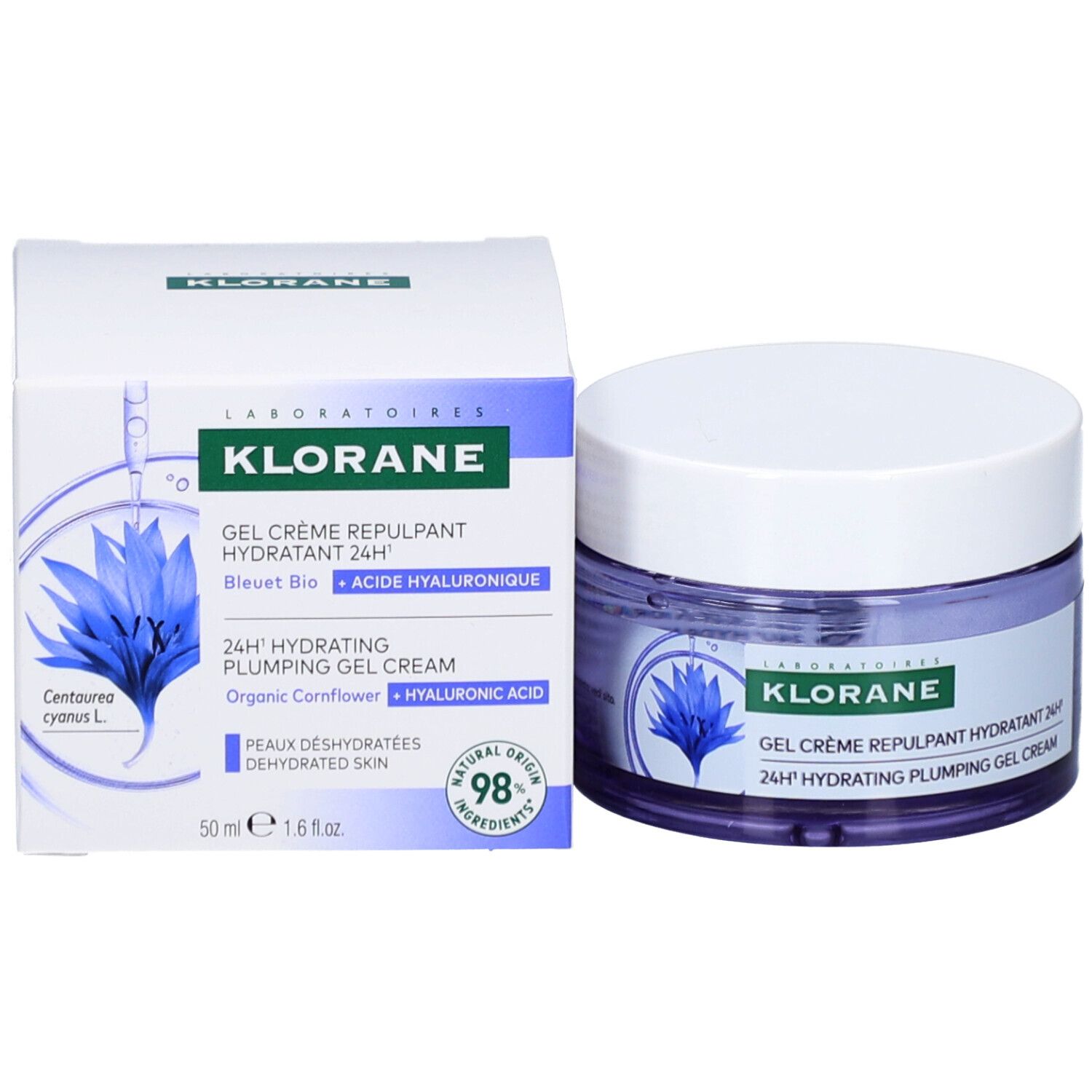 Pot de crème et boîte. Inscription: KLORANE, Gel Crème Repulpant Hydratant 24H. Illustration de fleur bleue. 50 ml.