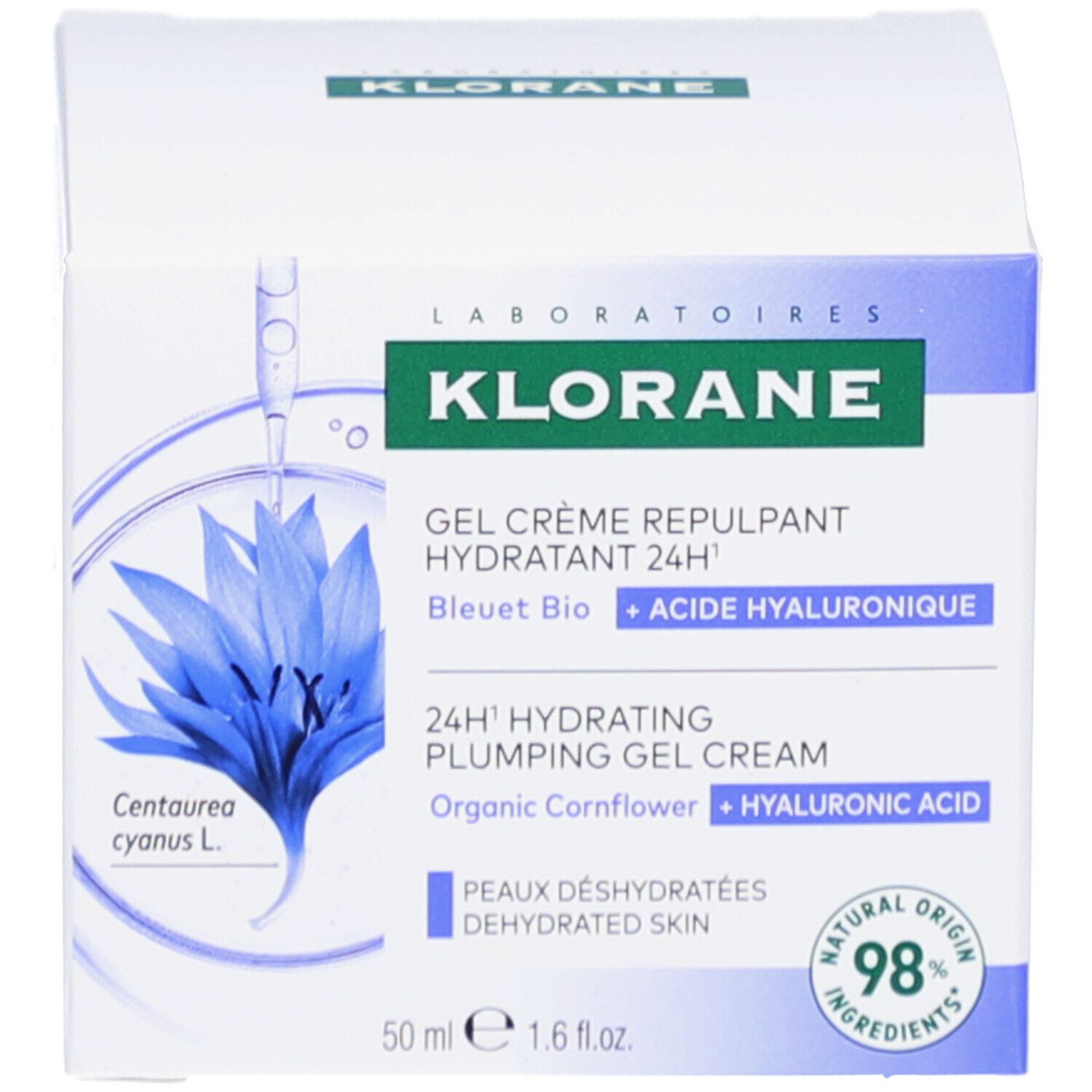 Boîte. Inscription: KLORANE, Gel Crème Repulpant Hydratant 24H. Illustration de fleur bleue. 50 ml. 98% ingrédients naturels.