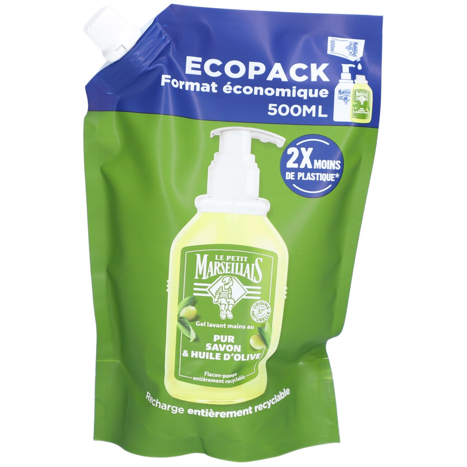Recharge de gel lavant. Texte : "Format économique 500ml" et "2X moins de plastique".