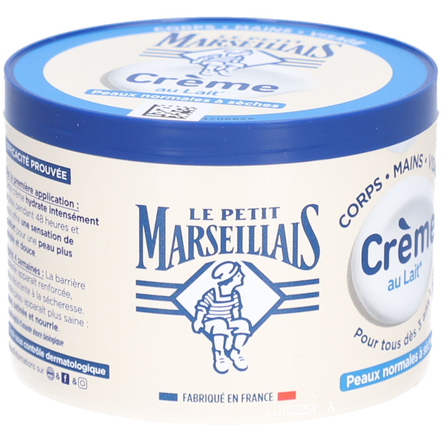 Pot de crème avec couvercle bleu. LE PETIT MARSEILLAIS Crème au Lait. Pour peaux normales à sèches. Fabriqué en France.