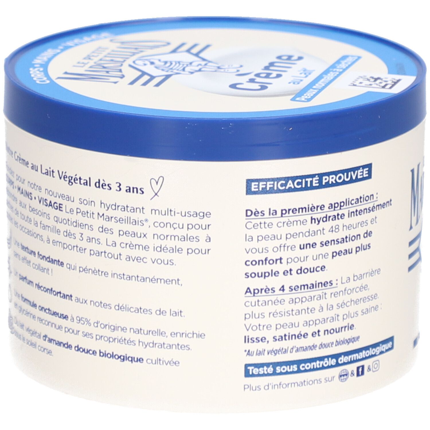 Dos du pot de crème. Texte: Crème au Lait Végétal dès 3 ans. Efficacité prouvée. Testé sous contrôle dermatologique.