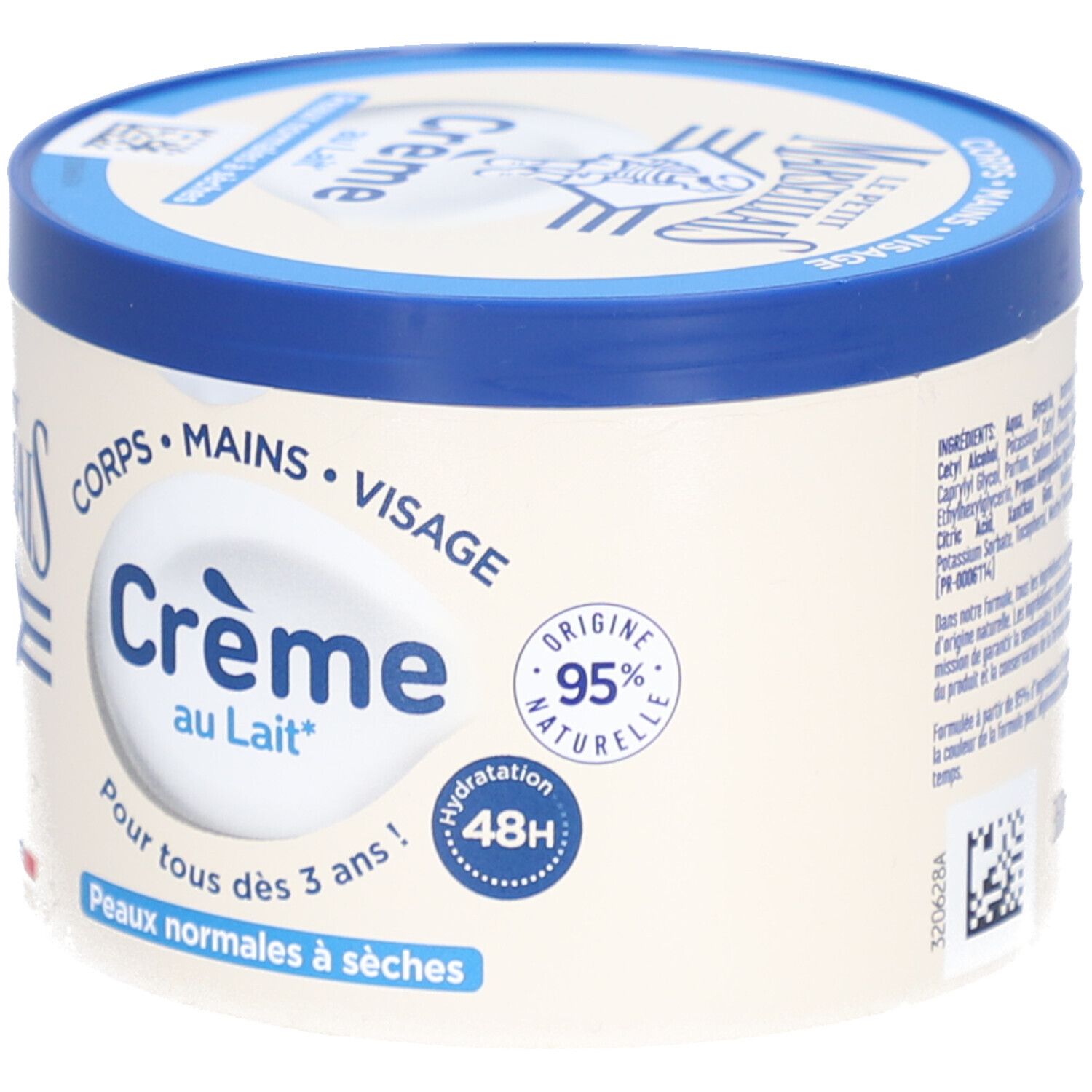 Pot de crème avec couvercle bleu. LE PETIT MARSEILLAIS Crème au Lait. Pour peaux normales à sèches. 48H Hydratation.