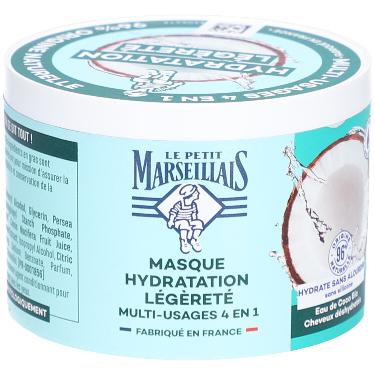 Pot avec couvercle. Inscription: Masque Hydratation Légèreté 4 en 1. 96% ingrédients naturels.