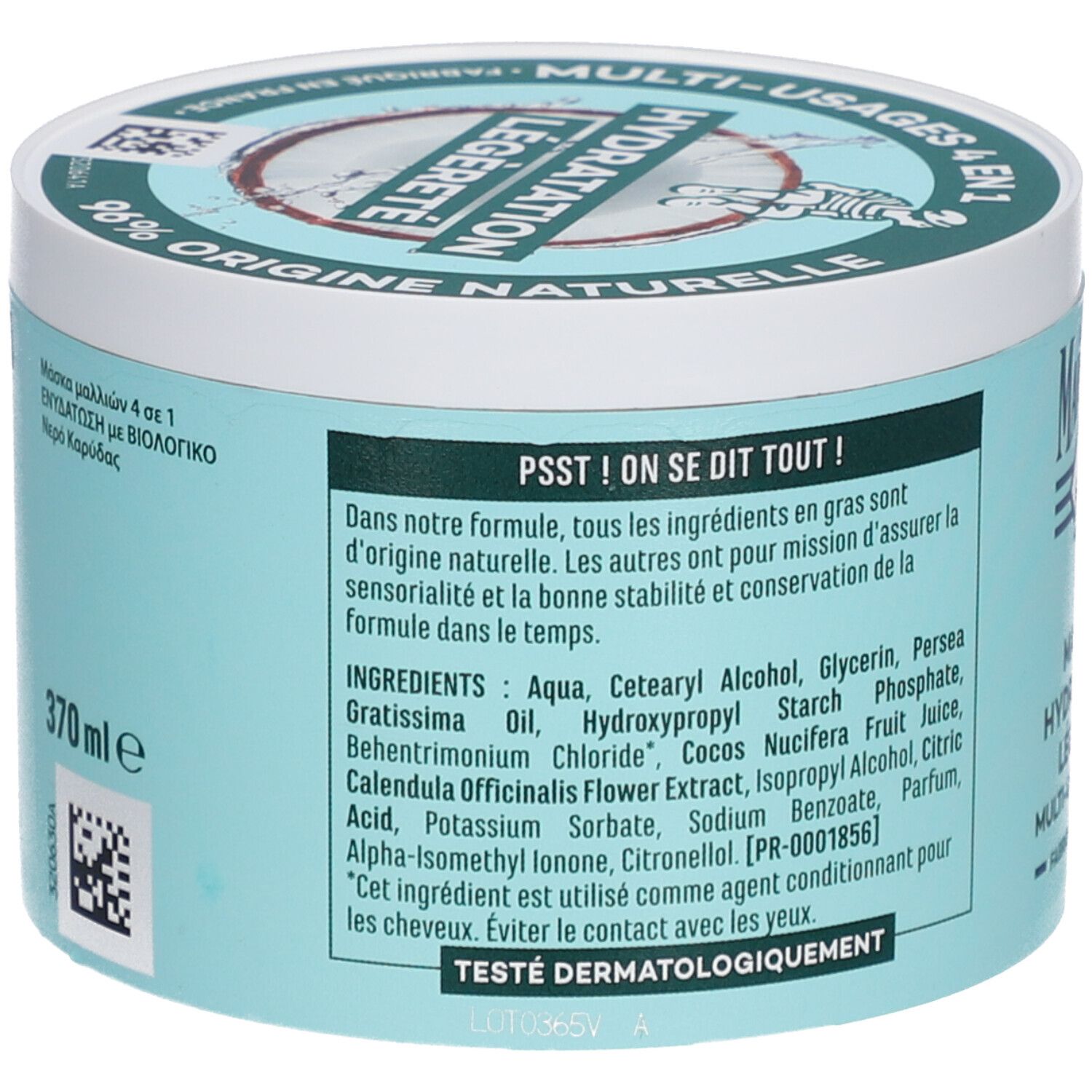 Dos du pot. Texte: Ingrédients, instructions d'utilisation, Testé dermatologiquement.