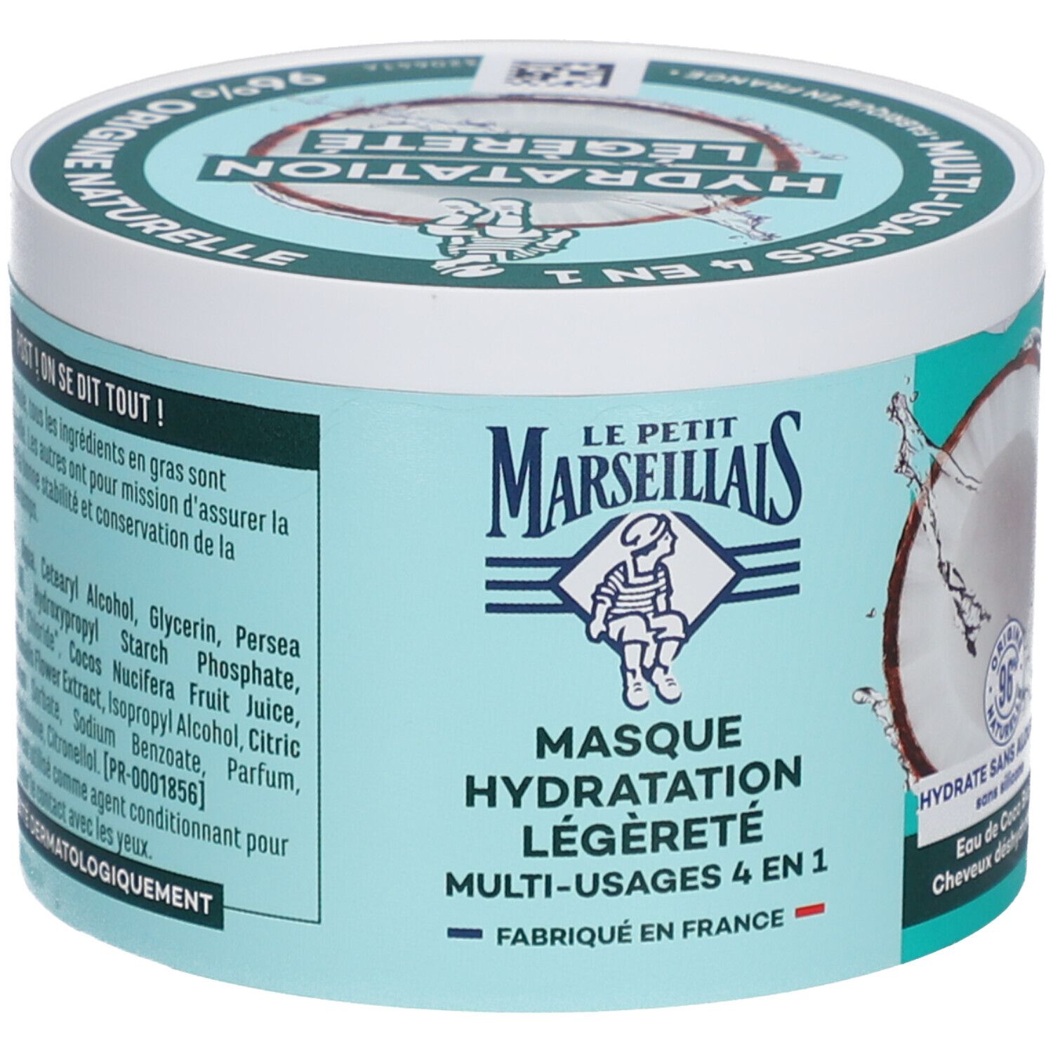Pot avec couvercle. Inscription: Masque Hydratation Légèreté 4 en 1. 96% ingrédients naturels.