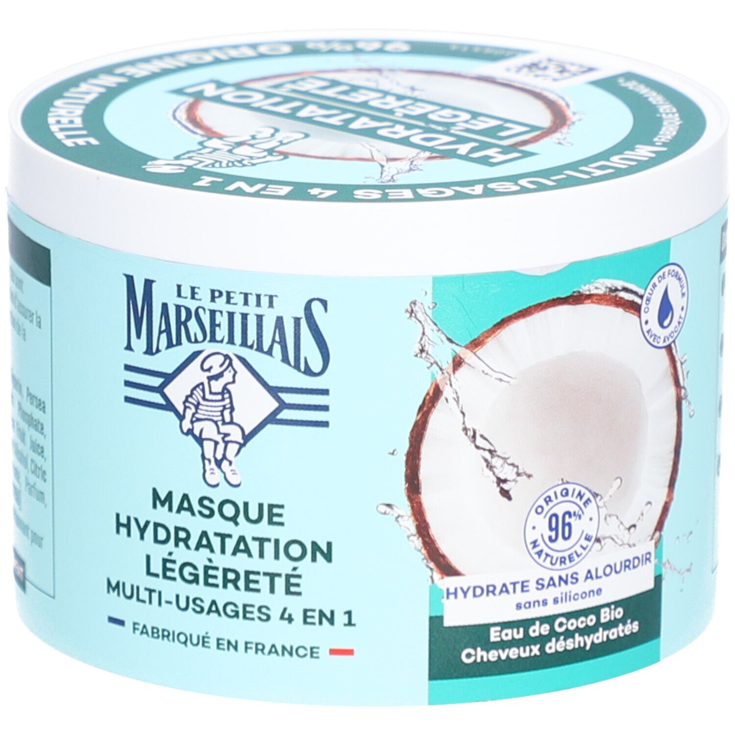 Pot avec couvercle. Inscription: Masque Hydratation Légèreté 4 en 1. 96% ingrédients naturels.