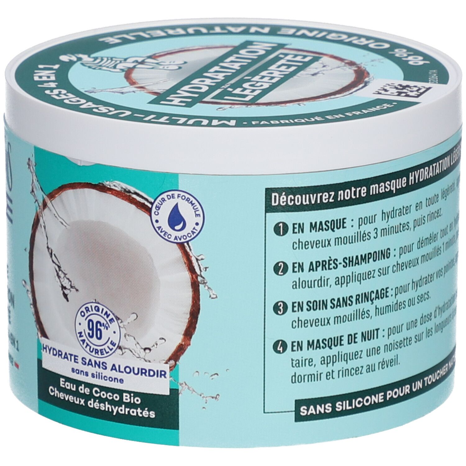 Dos du pot. Texte: Instructions d'utilisation, 96% ingrédients naturels, sans silicone.