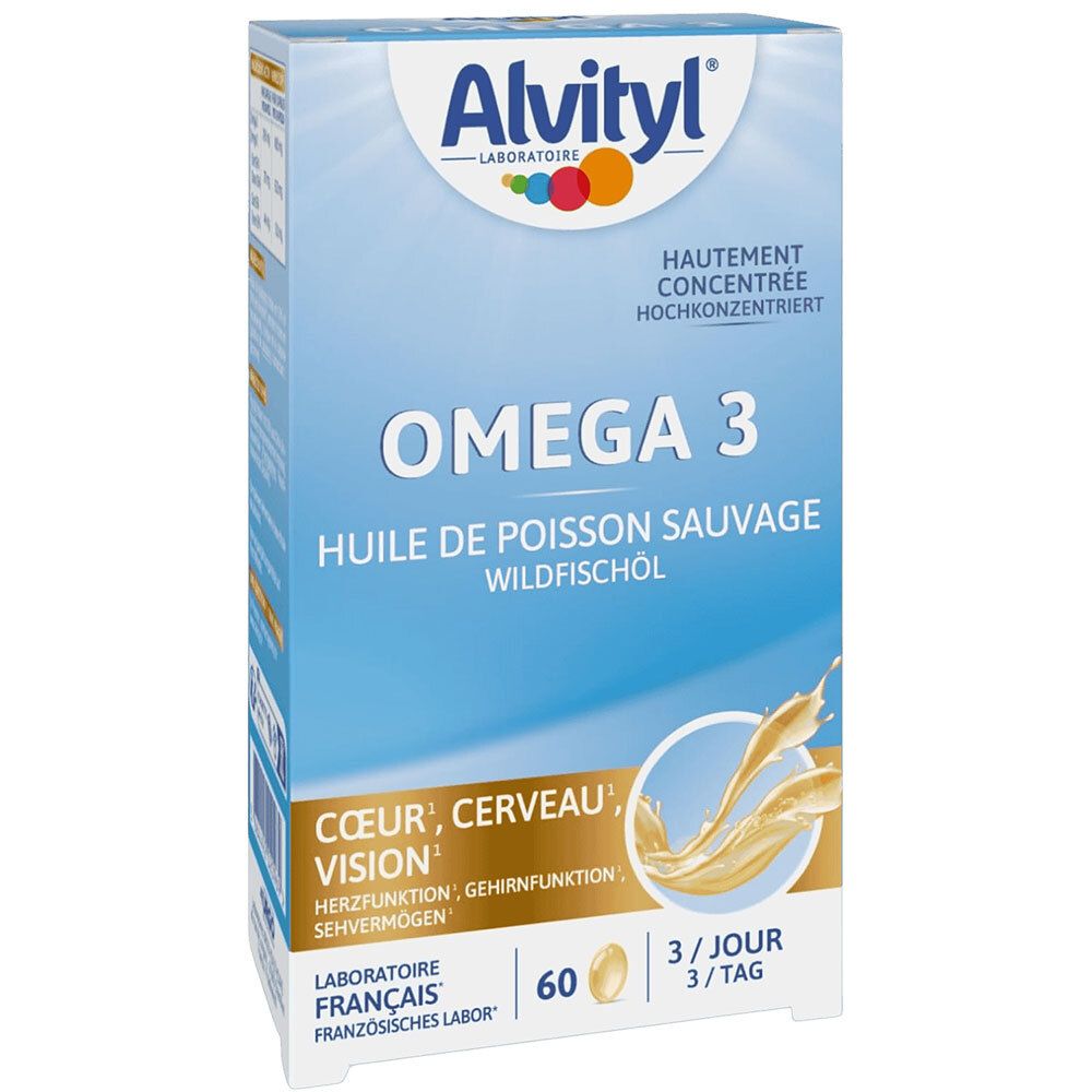 Boîte bleue et blanche avec le nom Omega 3 et le logo Alvityl. Contient 60 gélules. Laboratoire français.
