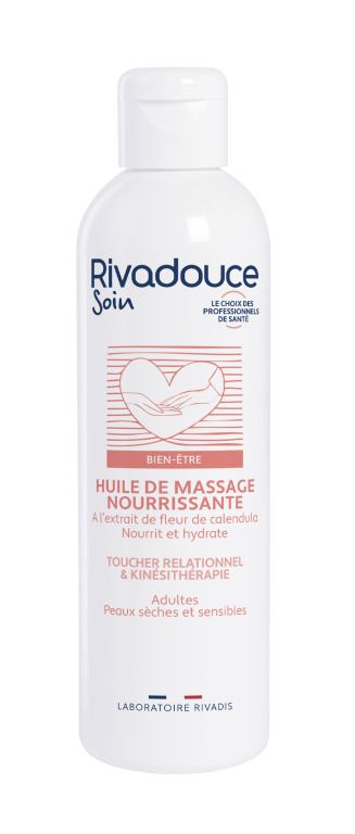 Flacon blanc avec bouchon rabattable. Inscription Rivadouce Soin. Texte: Huile de Massage Nourrissante. Pour peaux sèches et sensibles.