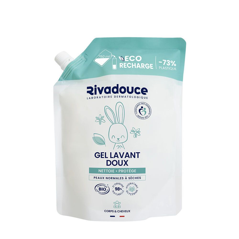 Recharge de Gel Lavant Doux RIVADOUCE. Sachet blanc, bouchon turquoise. Dessin lapin, fleurs, texte. ECO RECHARGE -73% plastique.