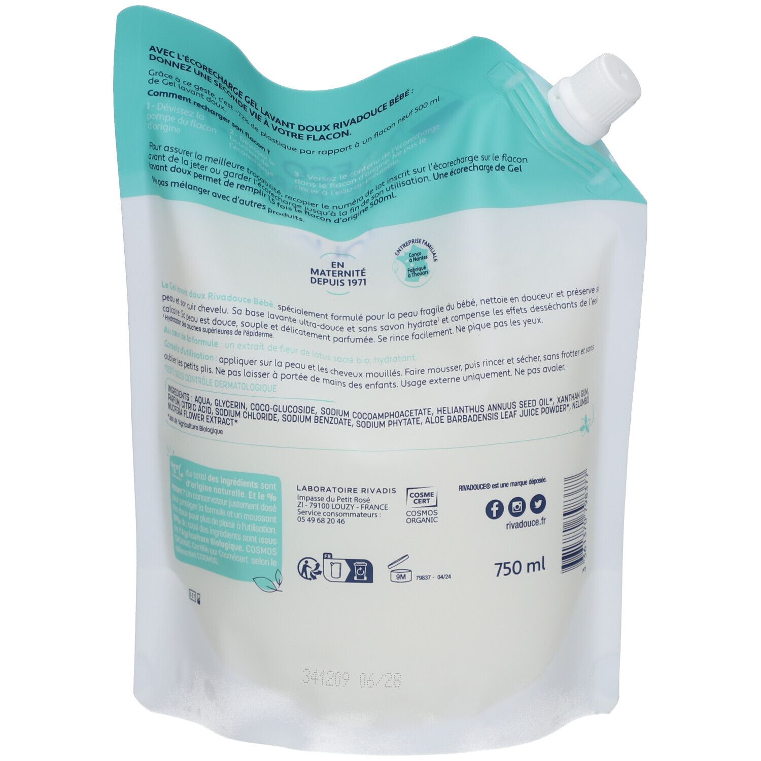 Dos du sachet de recharge RIVADOUCE Bébé Gel Lavant Doux. Texte, ingrédients, logos et indication de volume 750 ml.