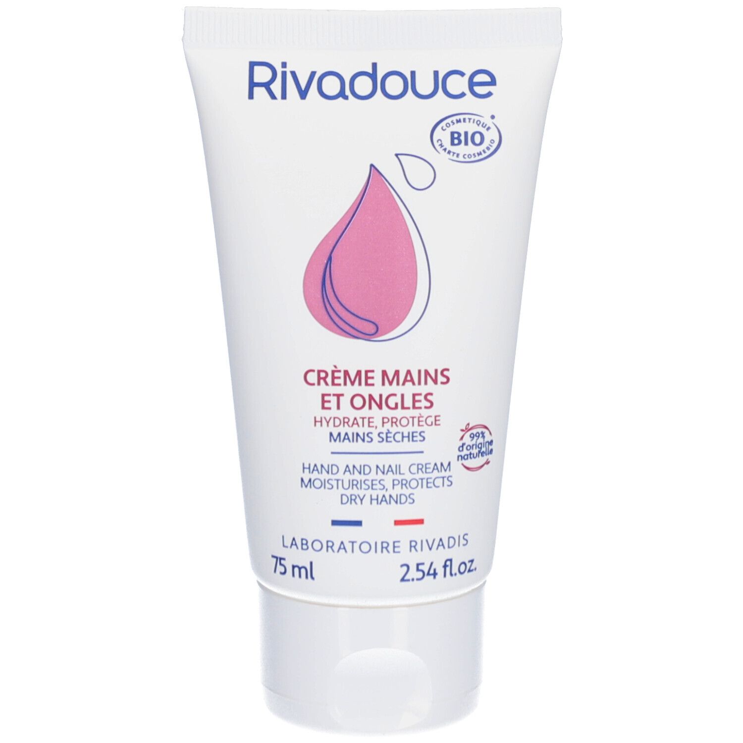 Tube de crème blanc avec logo et nom. Design goutte rose. Texte : Crème Mains et Ongles, Hydrate, Protège. Certification Bio.