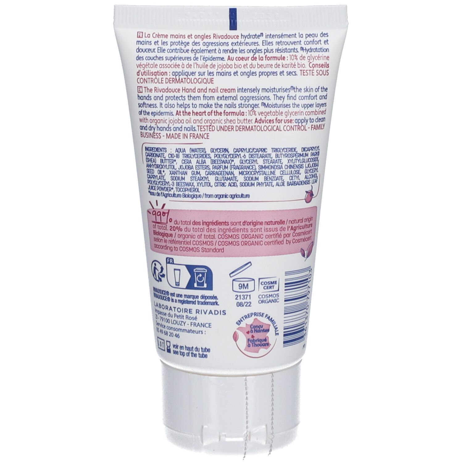 Dos du tube de crème. Informations textuelles, ingrédients, mode d'emploi. Certification Bio. Logo et code-barres.