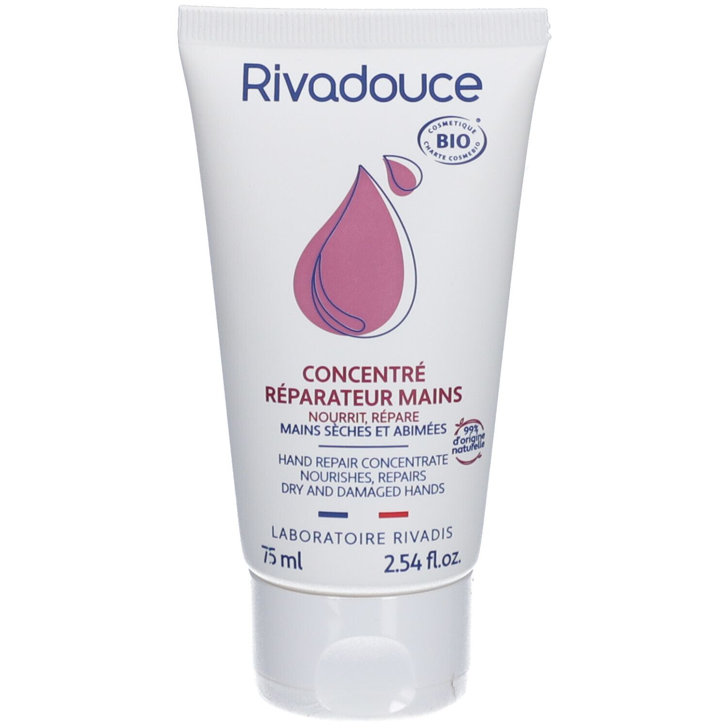 Tube blanc avec goutte rose. Texte : "Rivadouce", "Concentré Réparateur Mains". Certification bio.