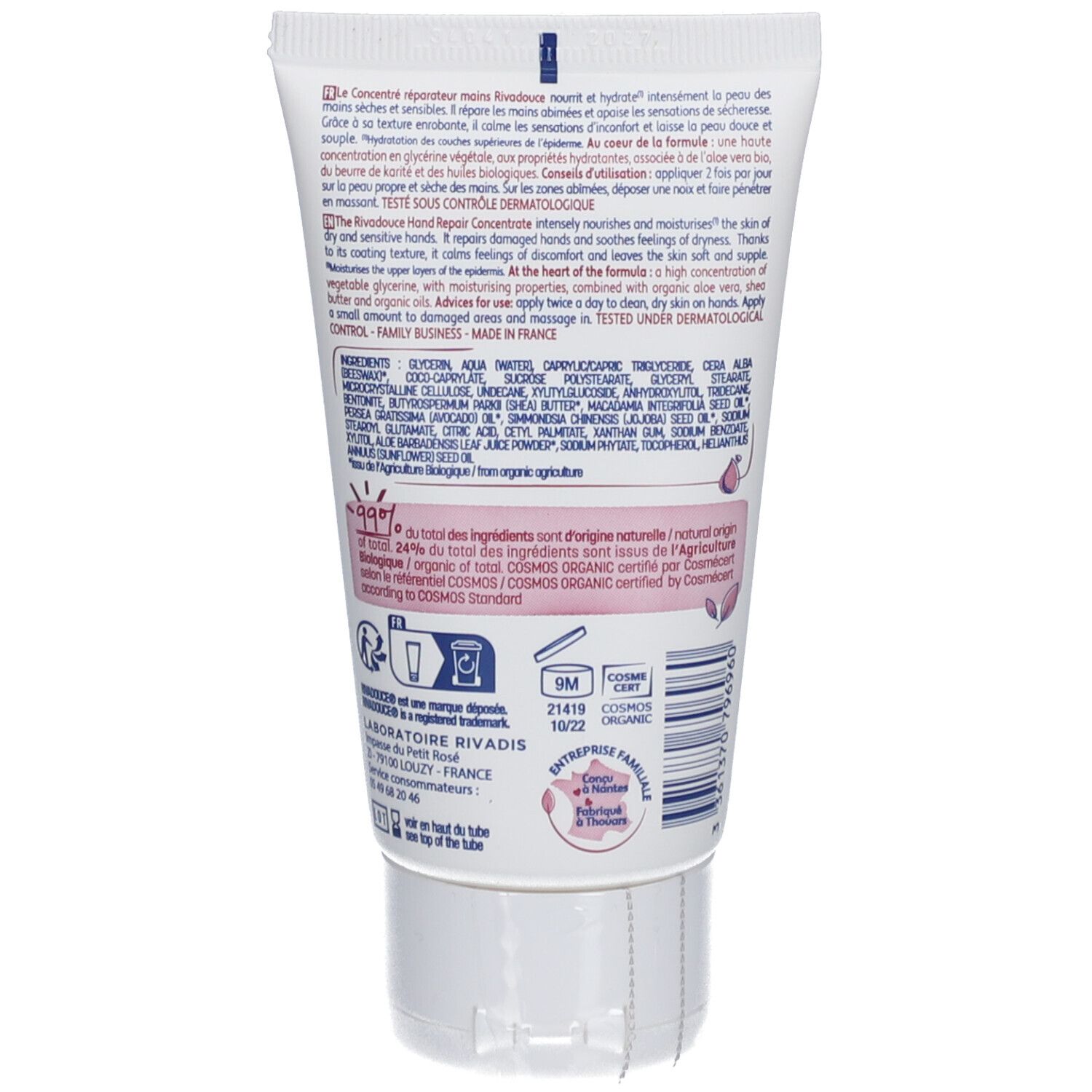 Dos du tube. Texte : ingrédients, conseils d'utilisation. Certification bio. Fabriqué en France.