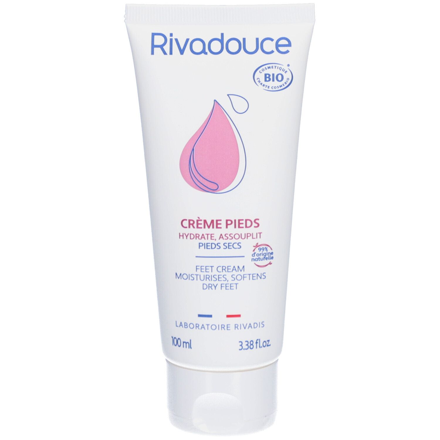 Tube blanc Rivadouce. Logo bleu, goutte rose. Texte: Crème Pieds, 100 ml, certification Bio. Bouchon blanc.