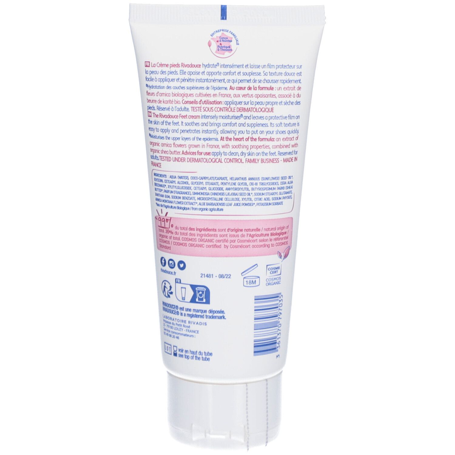 Dos du tube blanc. Texte et ingrédients. Codes-barres et symboles de recyclage. Bouchon à vis blanc.