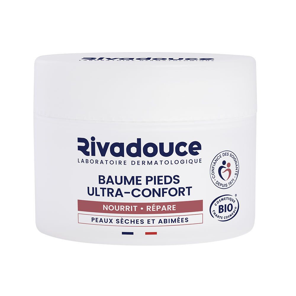 Pot blanc avec texte bleu et rouge. Inscription: Rivadouce, Baume Pieds Ultra-Confort, Peaux sèches et abîmées. Logo Bio.
