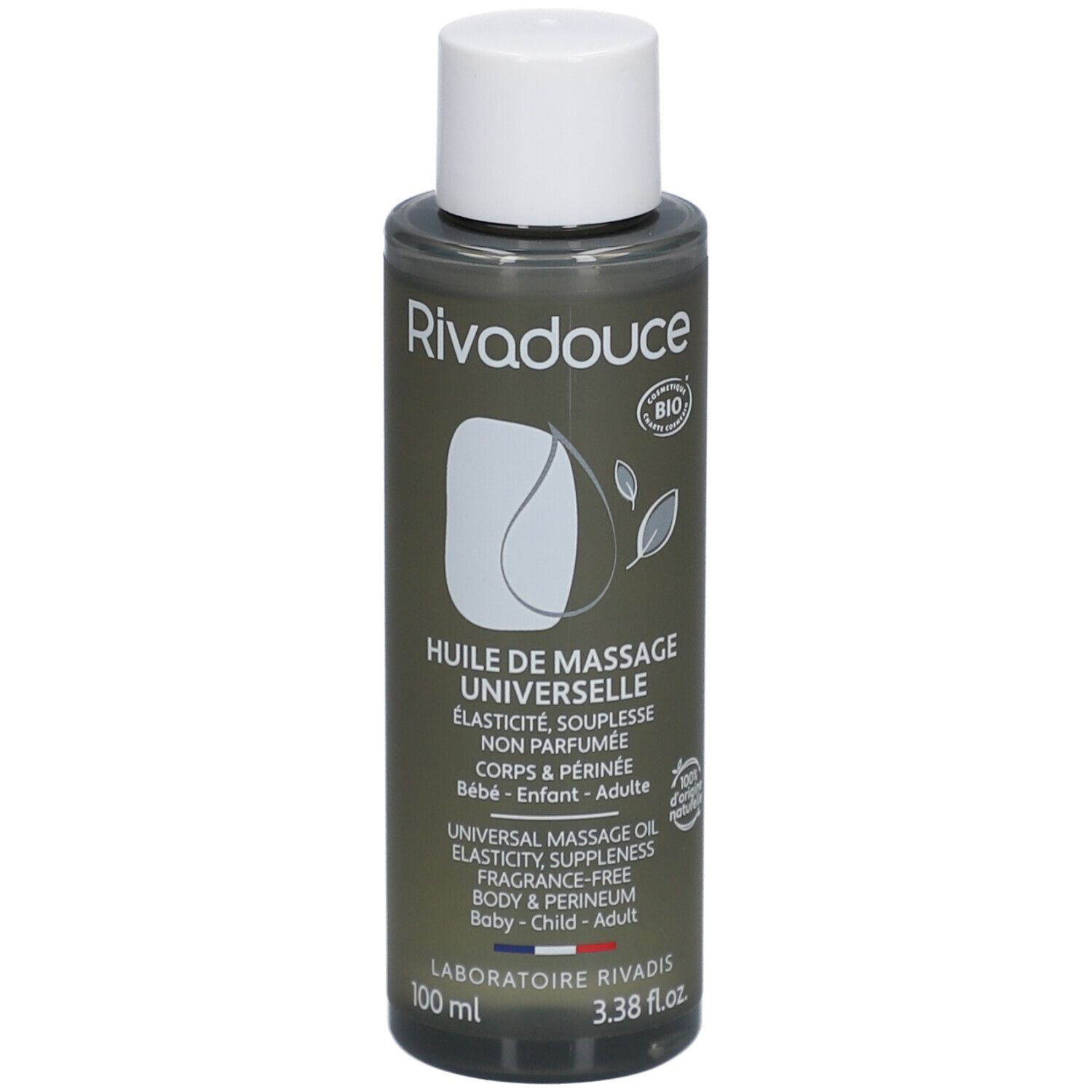 Flacon d'huile de massage Rivadouce. Flacon vert olive, bouchon blanc. Texte: Huile de massage universelle, label Bio.