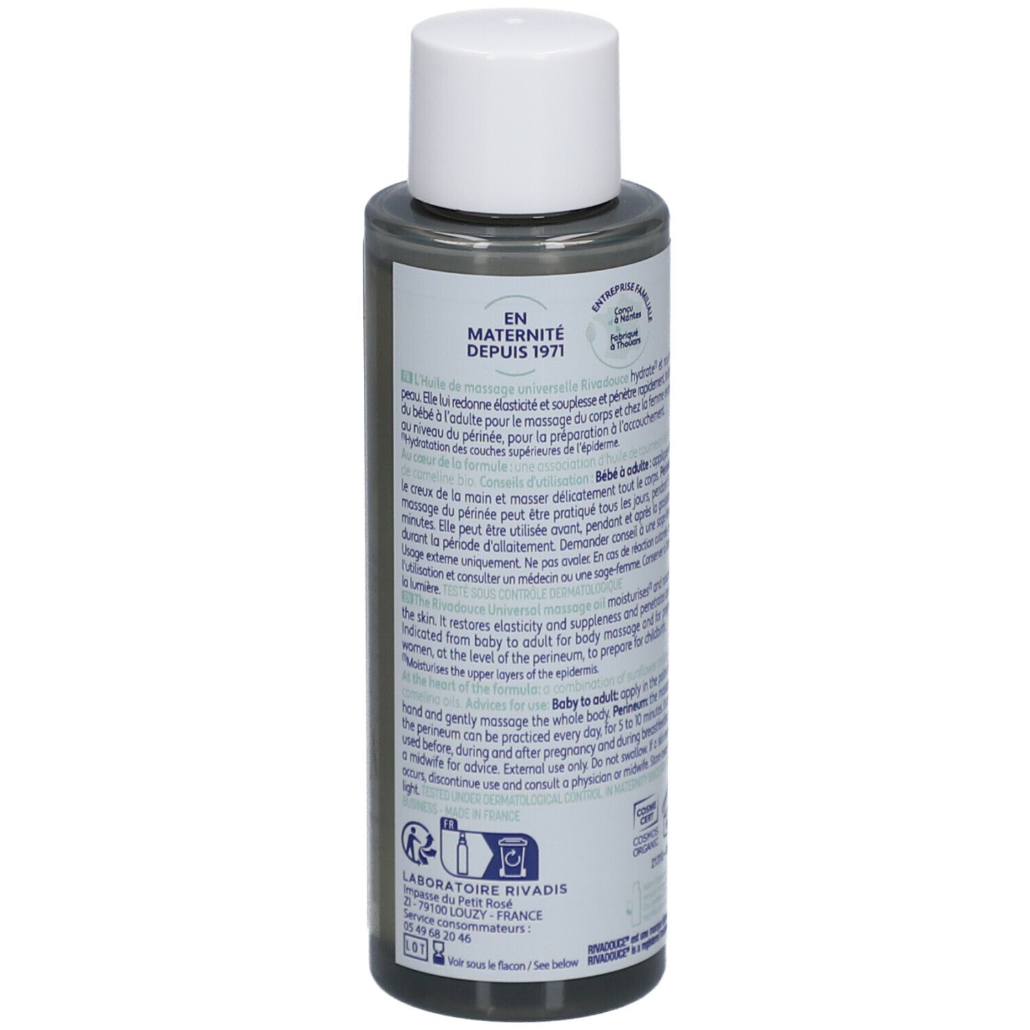Dos du flacon d'huile de massage Rivadouce. Bouchon blanc. Étiquette avec texte. Informations.