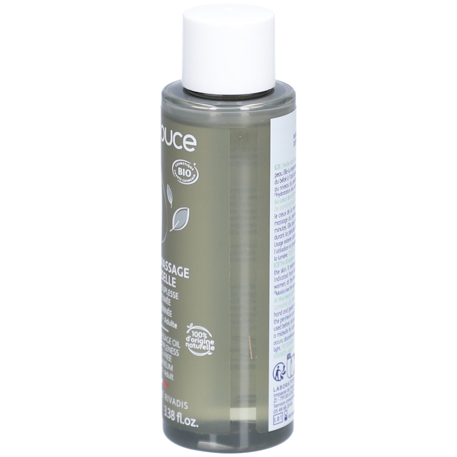Flacon d'huile de massage Rivadouce. Flacon vert olive, bouchon blanc. Texte: Huile de massage universelle, label Bio.