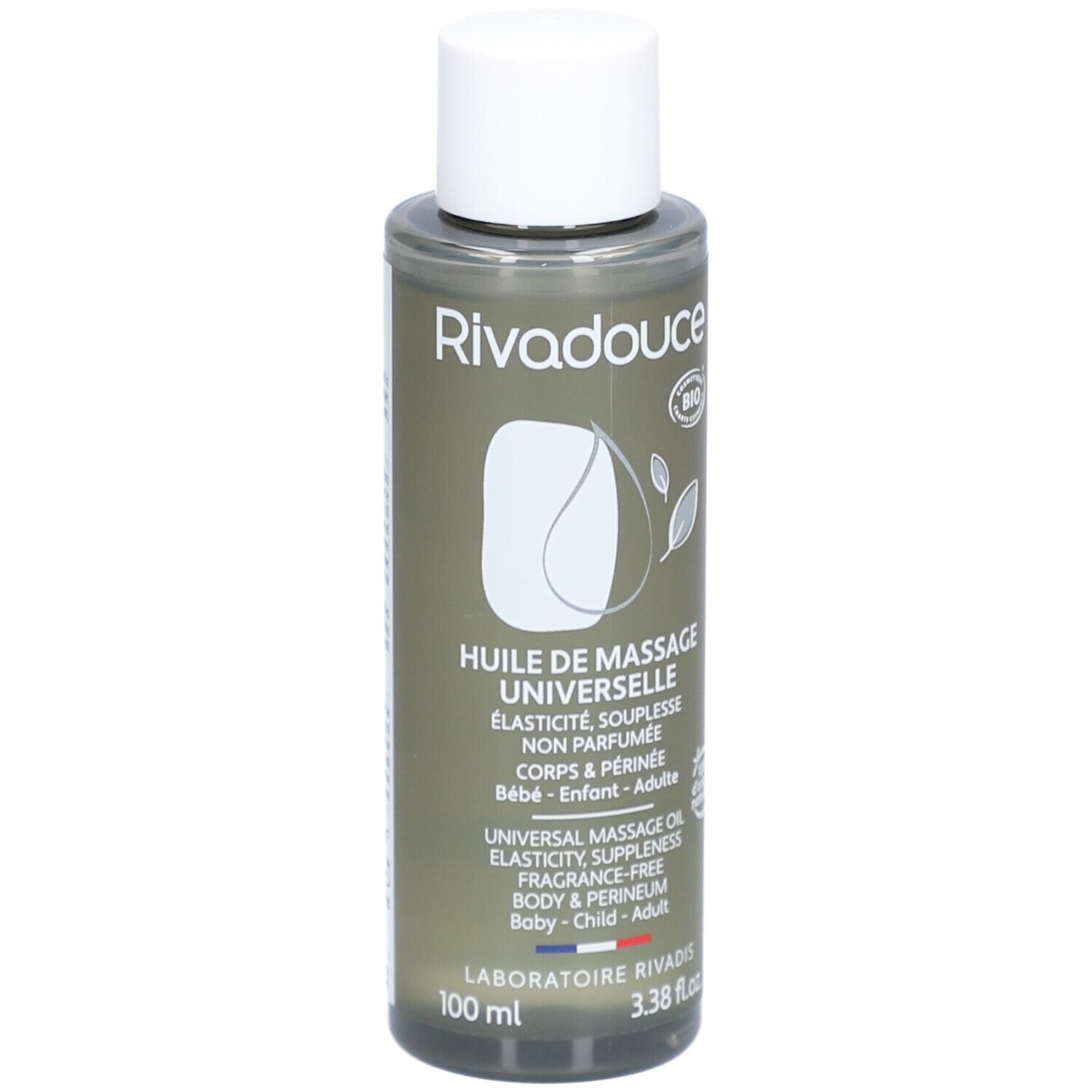 Flacon d'huile de massage Rivadouce. Flacon vert olive, bouchon blanc. Texte: Huile de massage universelle, label Bio.