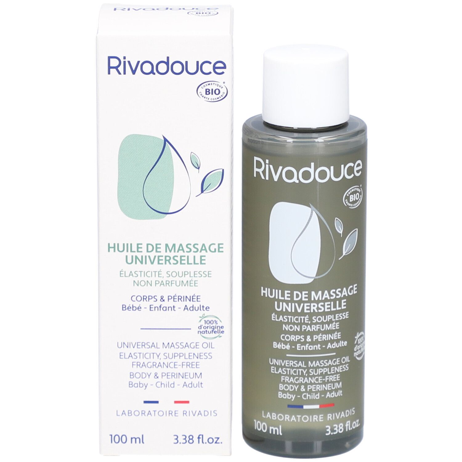 Flacon et emballage d'huile de massage Rivadouce. Flacon et boîte. Texte: Huile de massage universelle, label Bio.
