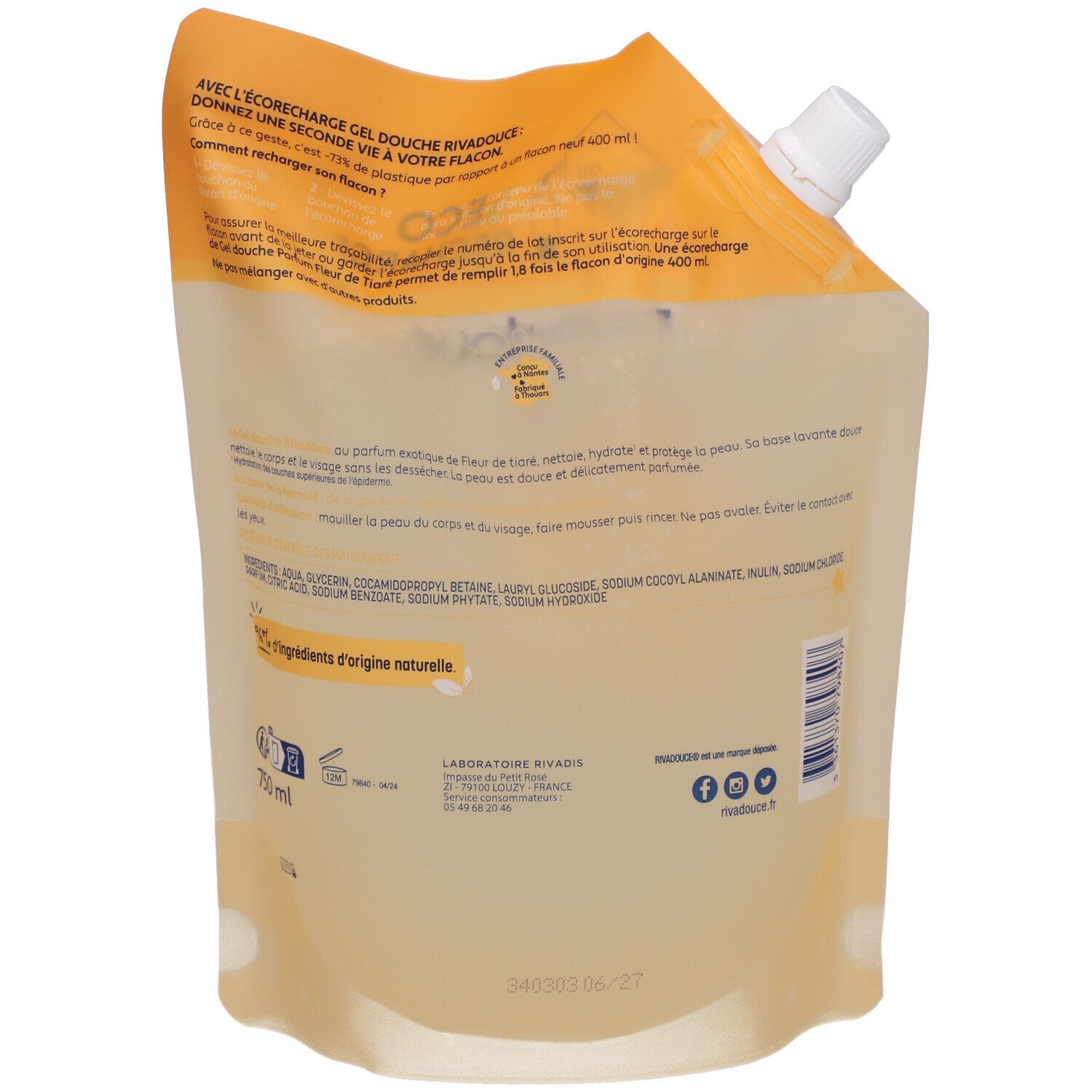 Dos de la recharge de gel douche. Emballage jaune avec texte et ingrédients. 750 ml.