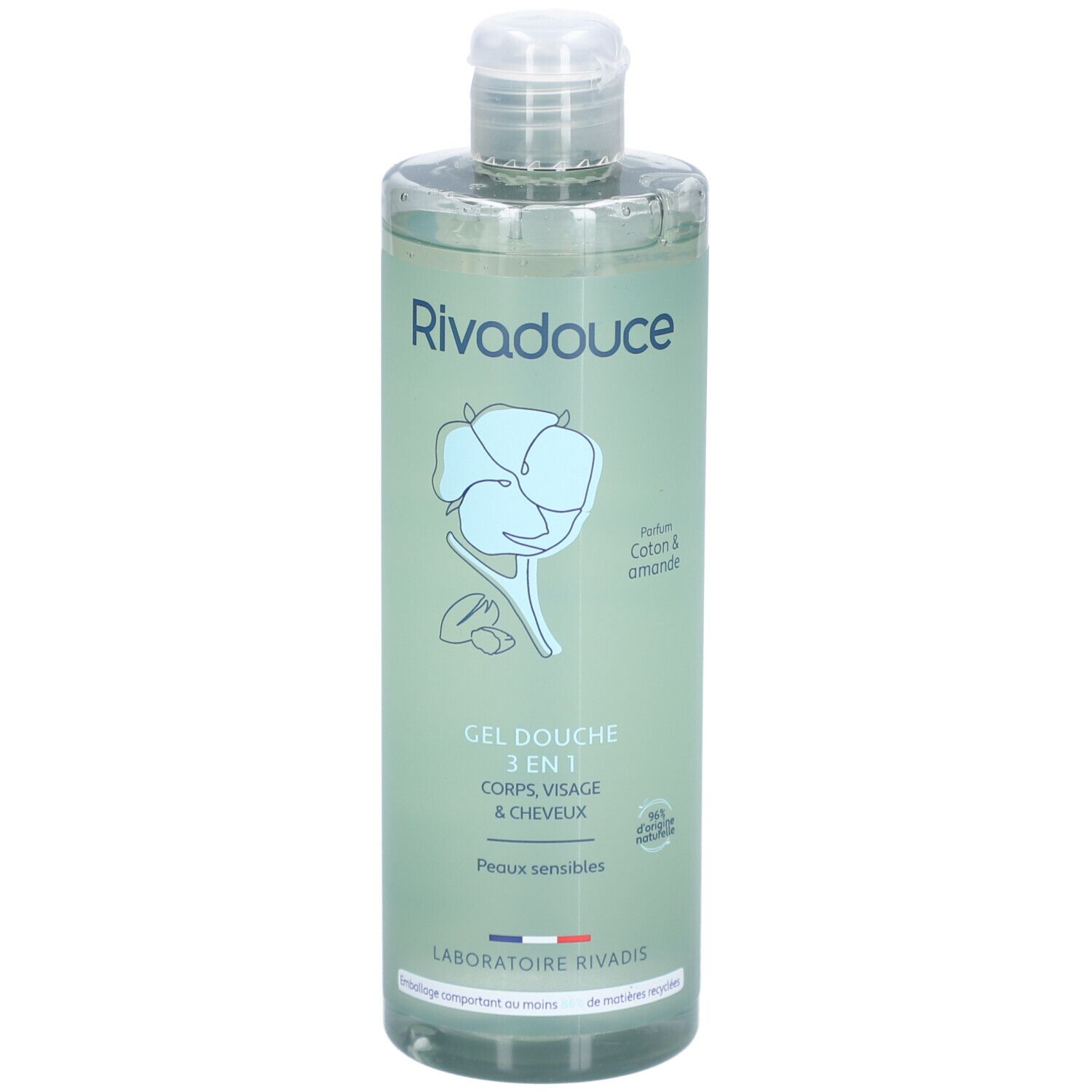 Flacon transparent Rivadouce Gel Douche 3en1, étiquette verte. Illustration coton et amande.