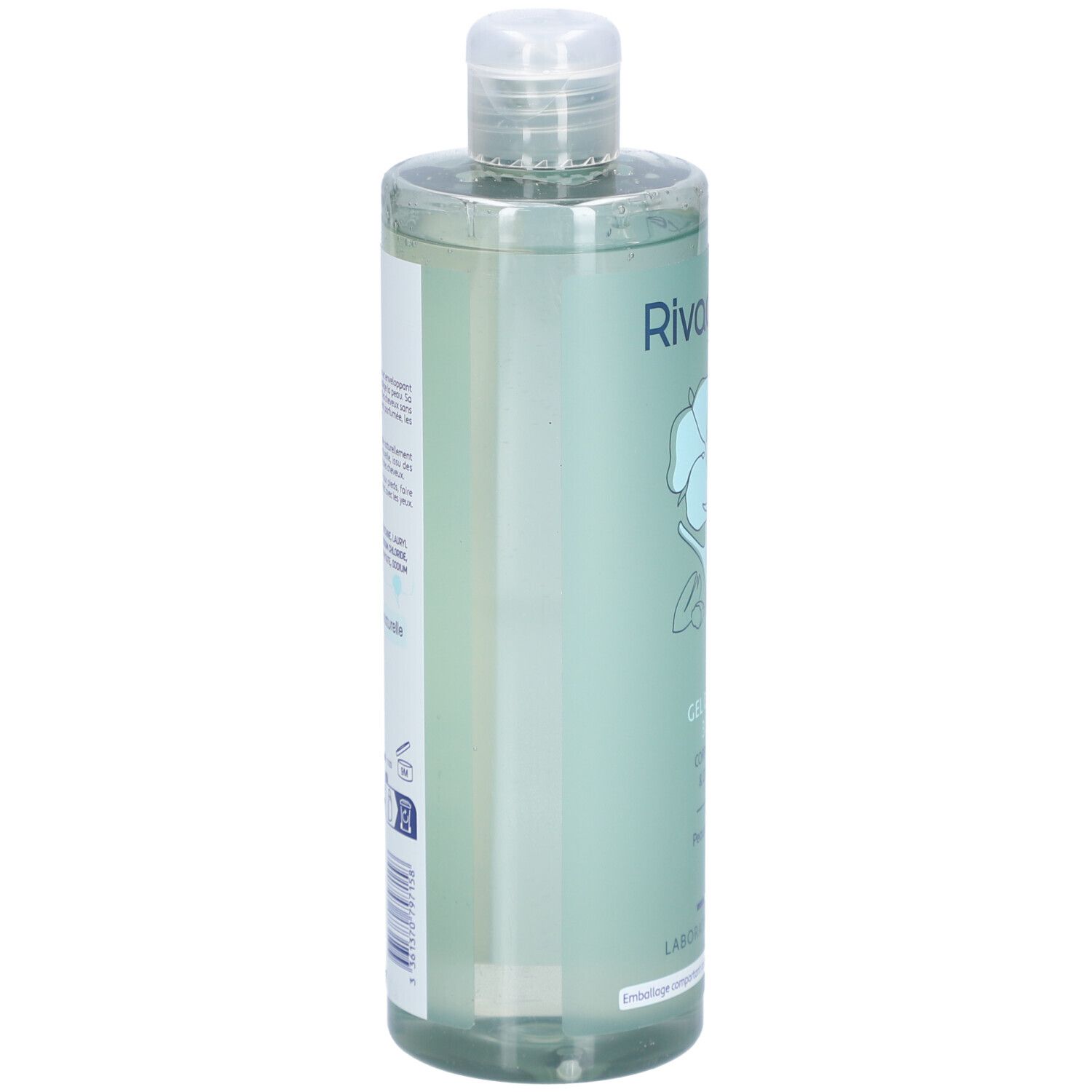 Flacon transparent Rivadouce Gel Douche 3en1, vue latérale. Étiquette verte avec texte.